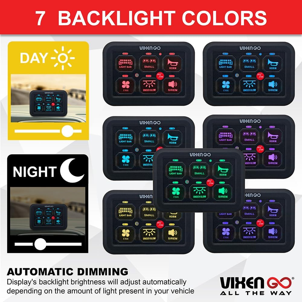 6 Gang Switch Panel - Device/Light Controller Switch Box with 1 Mode (Toggle), LED Touch Control, 7-Color RGB, Memory Function, Waterproof for Off Road, Car, Truck, RV, Boat