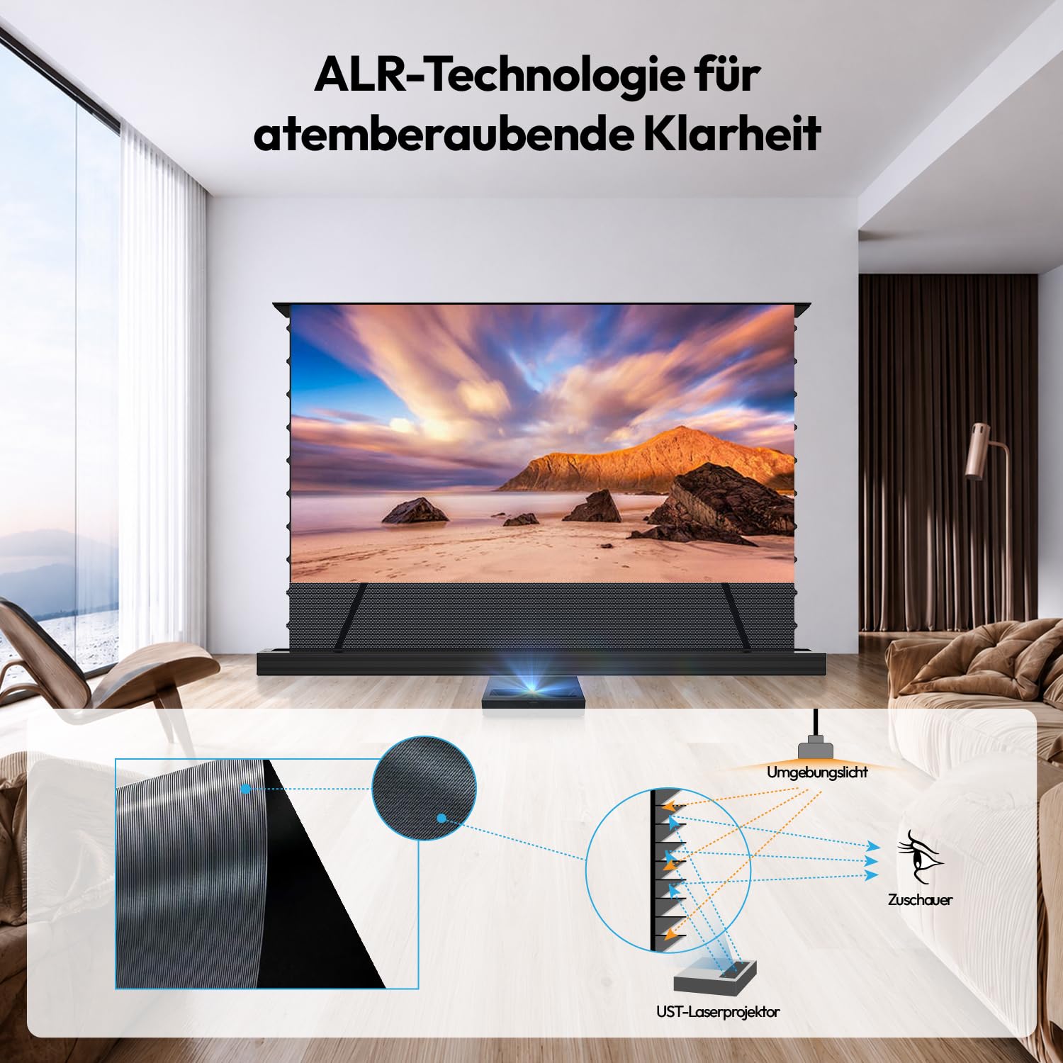 ALR CLR Beamer Leinwand für UST Ultrakurzdistanz-Projektor, motorisiert & elektrisch bodenstehend, 95% Umgebungslicht abweisend, 4K/8K UHD Laser-TV-Leinwand, 100 Zoll, Keine Montage