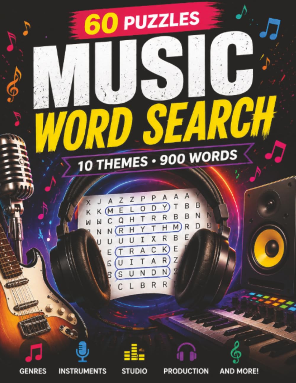 Music Word Search for Adults: 60 Puzzles Across 10 Themes with 900 Words to Relax, Focus, and Challenge Your Mind