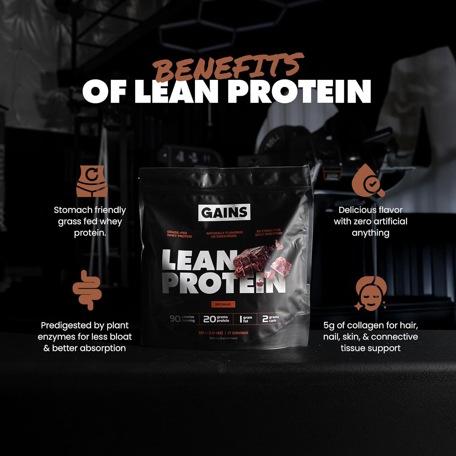 Gains in Bulk Lean Protein Powder with Collagen Peptides, Gluten Free Grass Fed Whey, 20 G Protein & 5 G Collagen, Plant Enzymes to Support Digestion, Natural Ingredients, Brownie Flavor, 27 Servings