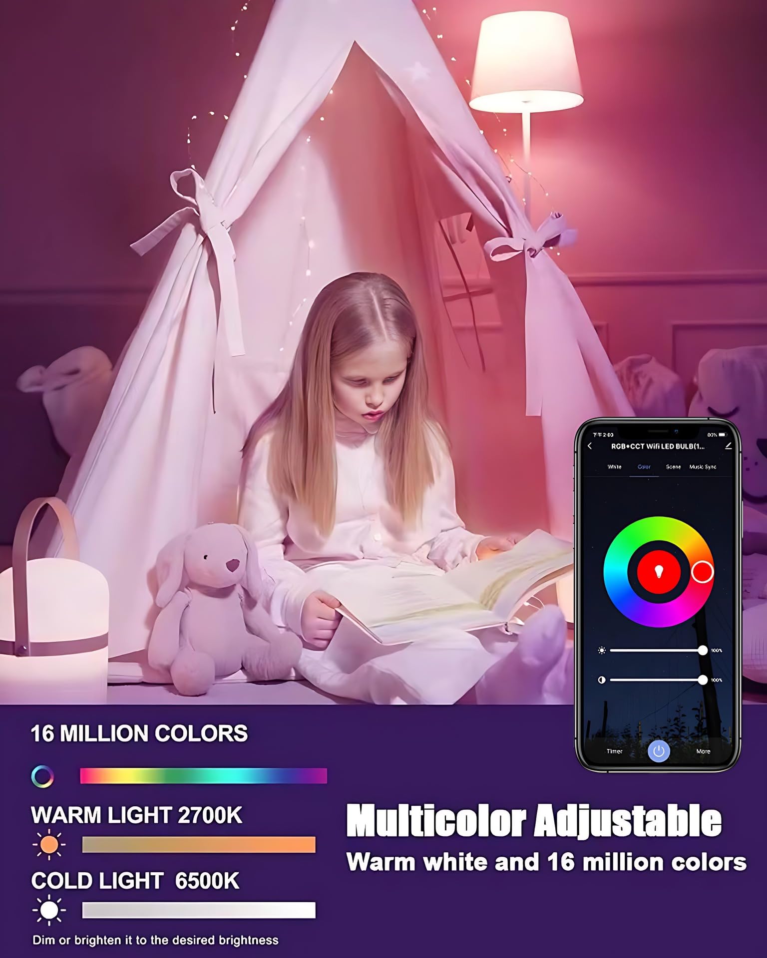 4 pack Bombillas Inteligentes Tuya WiFi Bombilla LED Cambio Color Control por voz con Sincronización Musical Compatible con Alexa y Google Assistant E27