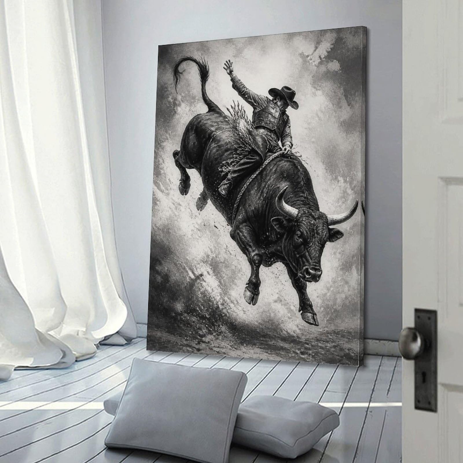 OKAHYS Impression sur toile style rodéo Bull Rider monochrome à contraste élevé - Décoration murale idéale pour famille, cave, salle de jeux, chambre de garçons et de filles - 60 x 90 cm