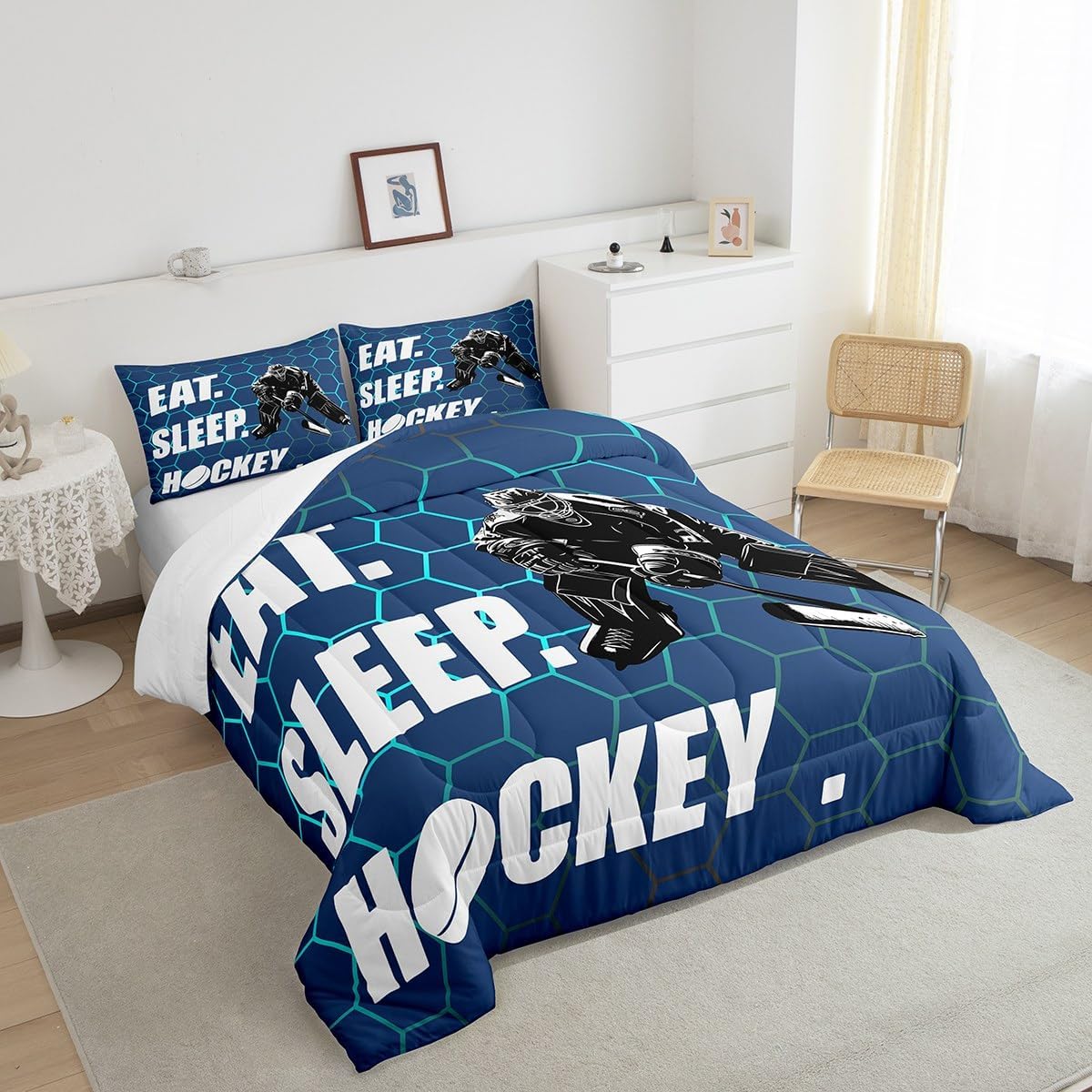 Erosebridal Hockey Comforter Sets for Kids Boys Girls Adult,Ice Bedding Lightweight,Eat Sleep Winter Sports Quilt Insert Twin Size,Gradient Blue Honeycomb Set with 1 Pillowcase