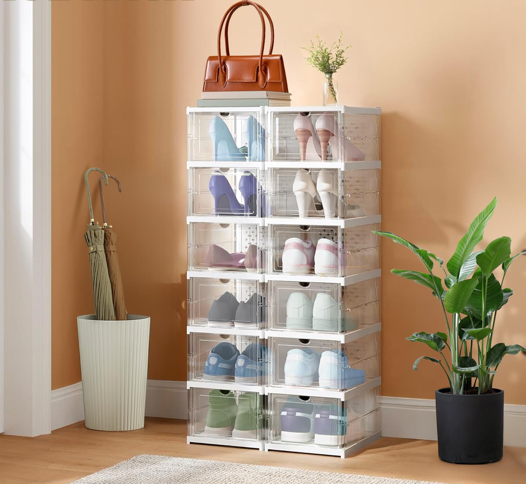 12x Cajas de almacenamiento plegables y apilables | Zapatero | Organizadores de plástico transparente con puerta abatible | Diseño modular, ventilado y resistente para guardar zapatos ropa accesorios