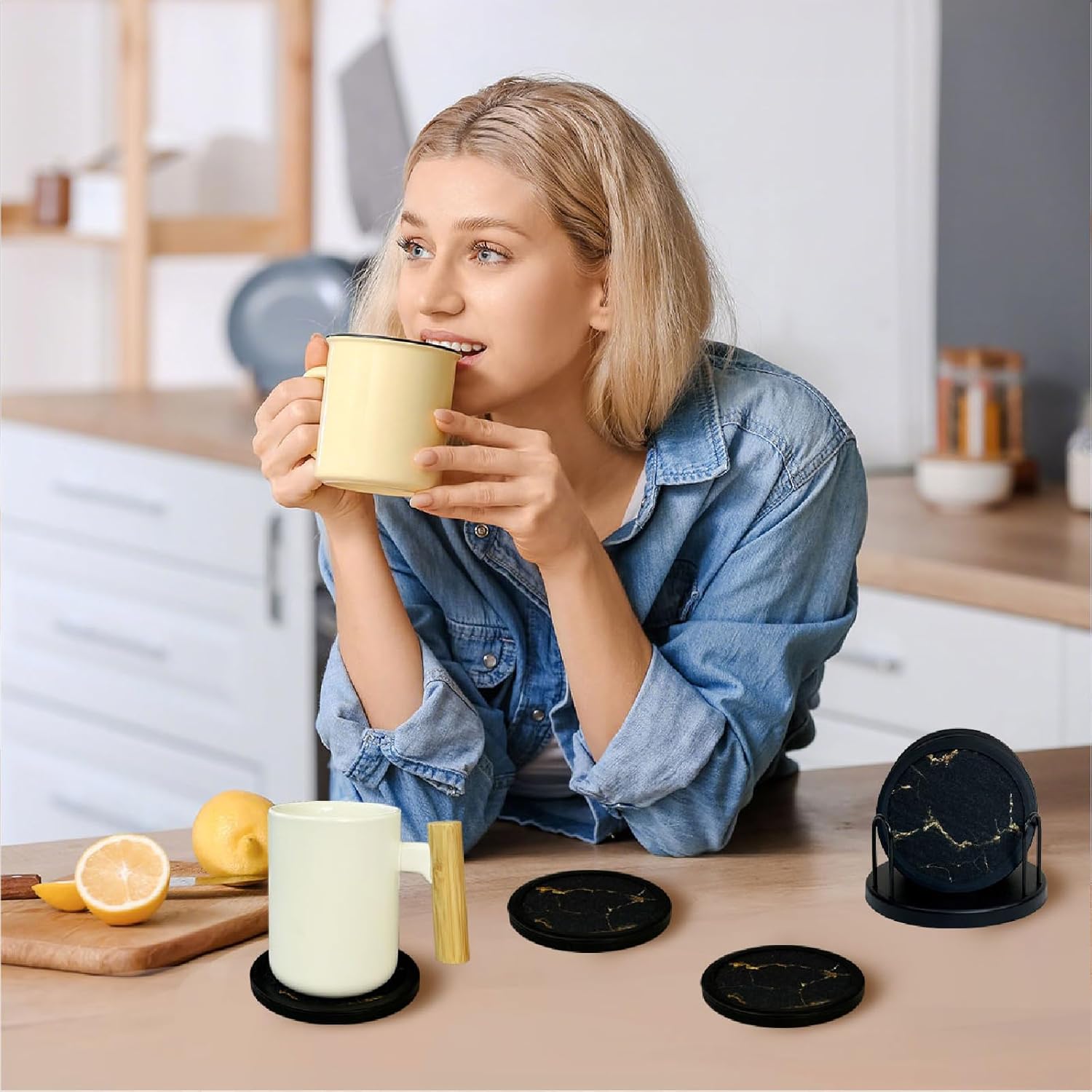 Set of 6 Non-Slip Silicone Coasters with Holder, Double-Sided Absorbent for Hot/Cold Drinks, Scratch & Water Ring Protection for Wood Tables, Home Office Bar, Black Gold Marble (Black Gold Pattern) - Image 6