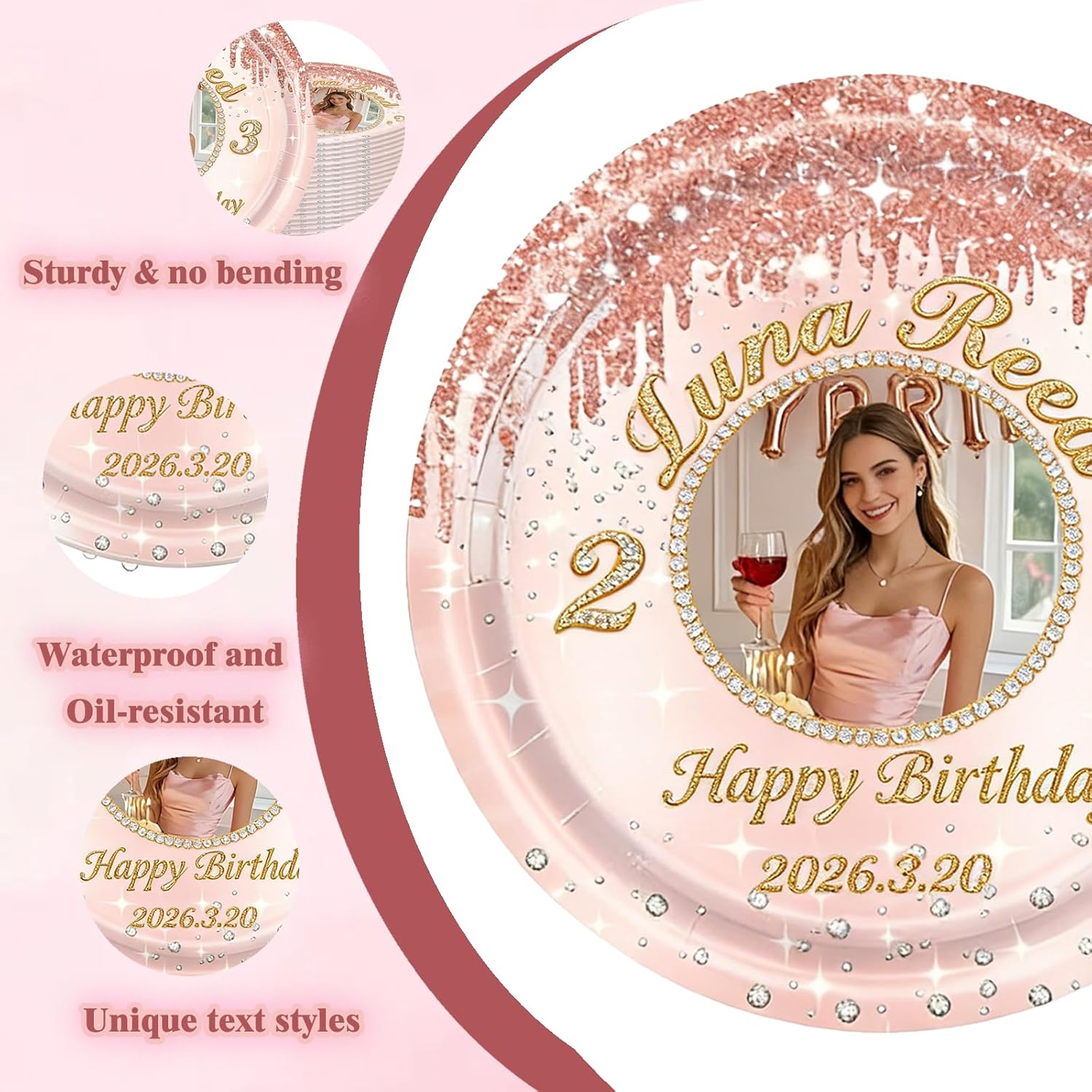 Custom Birthday Cake Plates 9 Inch Thick Paper Plate Rose Gold-Themed Disposable Birthday Cake Plate Suitable for girls ladies and princess-themed parties