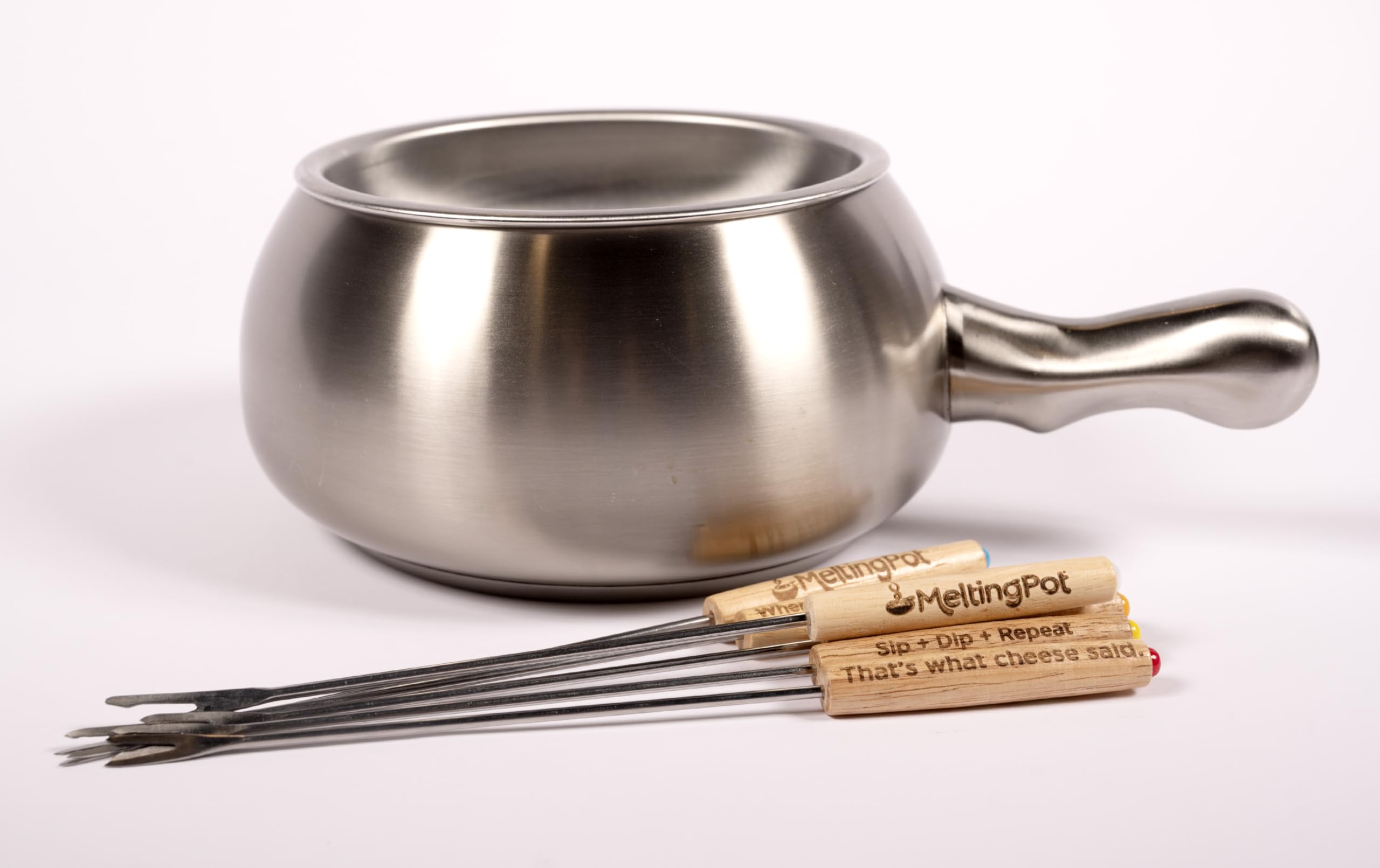 The Melting Pot The Official Melting Pot Fondue-Set, 8-teilig, Edelstahltopf mit Einsatz und 6 Fonduegabeln für Käse, Schokolade und Brühe