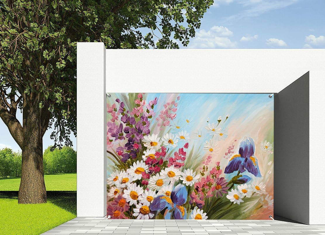 7x8ft Vibrant Flower Bouquet Oil Painting Garage Door Decor Colorful Daisy and Iris Scene Lively Garden Garage Door Decor Nature Botanical Beauty Seasonal Decoration Props