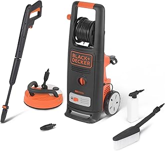 BLACK+DECKER BXPW2200PE Pressure Washer, 150 Bar PSI, 2200 W, Rotary Nozzle, Jet Nozzle, Lance, 8 m Hose, 0.4 L Foam Nozzle, Brush, Deluxe Patio Connection, Integrated Hose Reel, Black & Orange