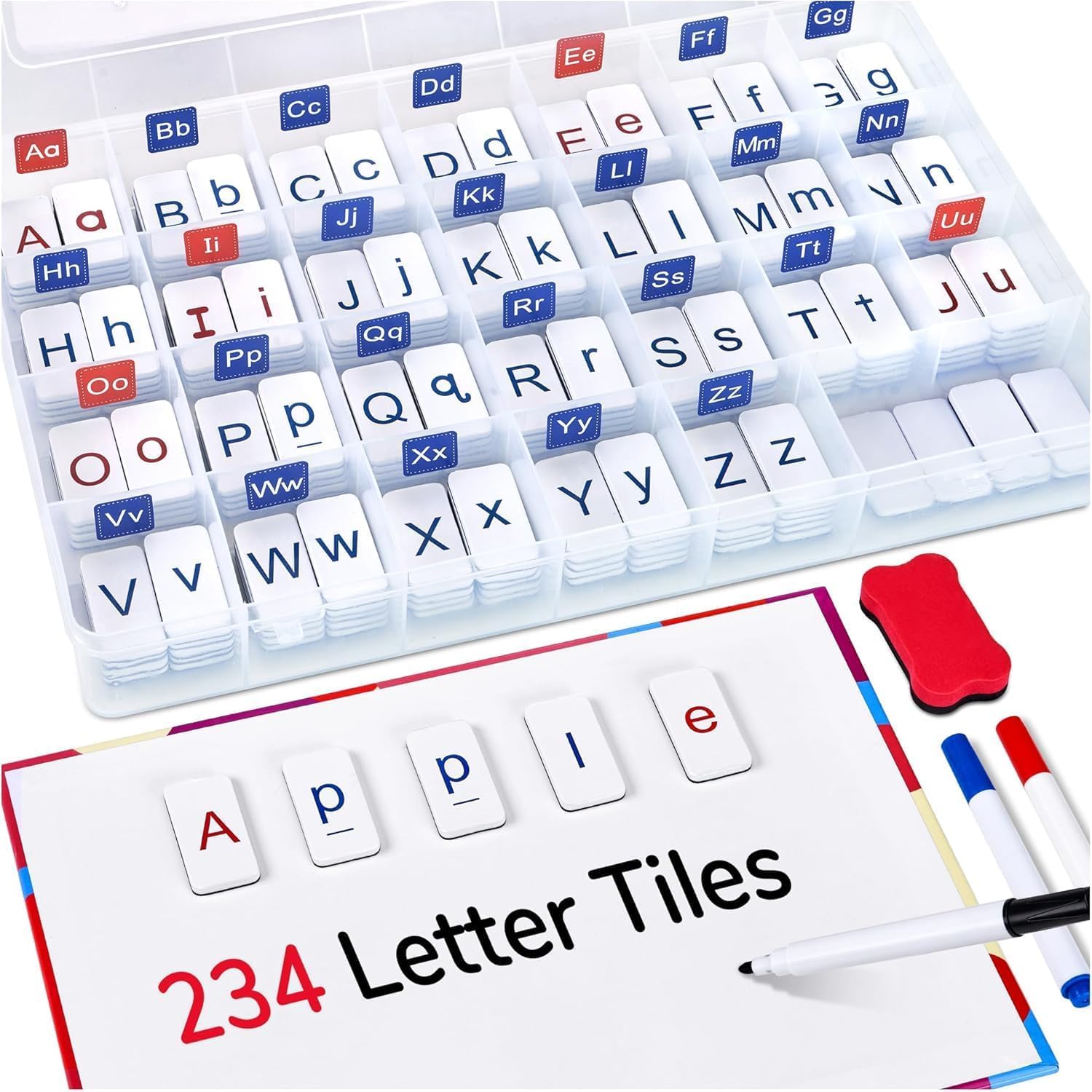 VoSinrly 234pcs Foam Alphabet Tiles Magnetic Letters with Double-Side Magnet Board and Compartment Storage Case-Classroom Magnetic Letter Tiles for Phonics and Spelling