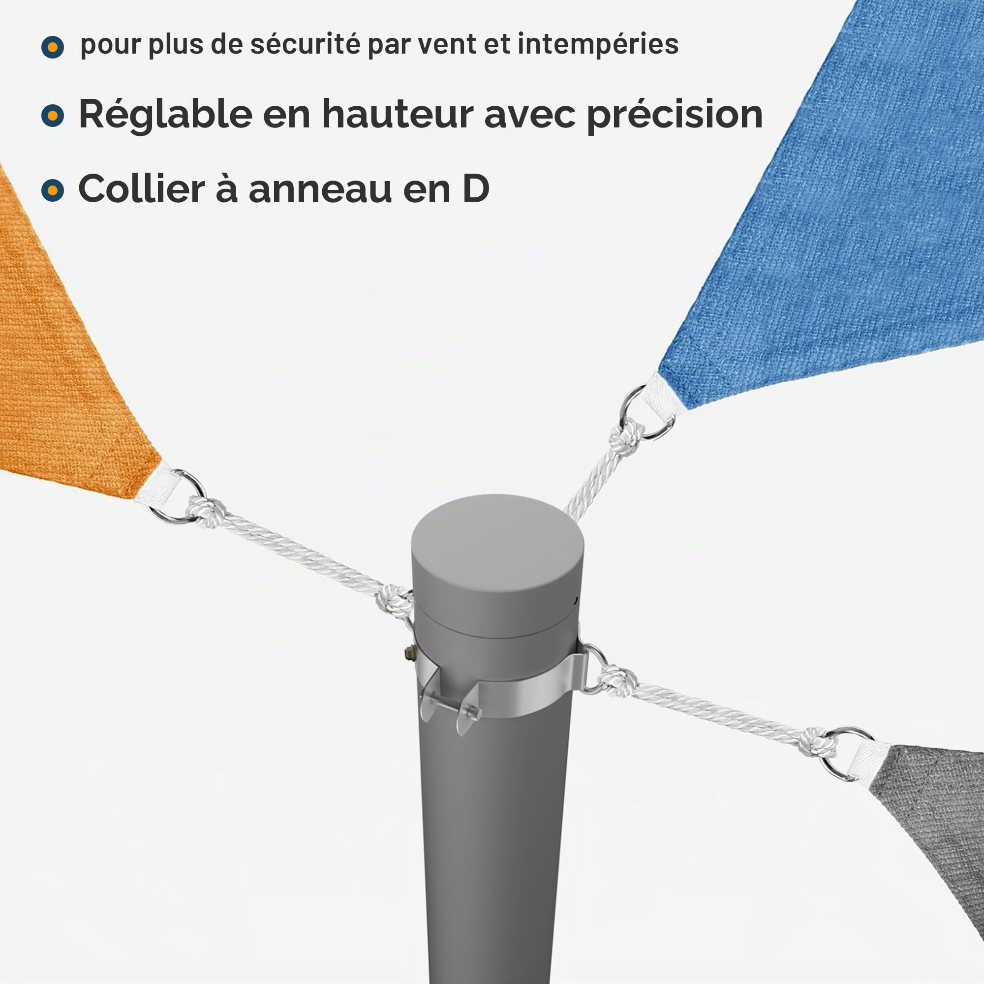 Mât de voile parasol réglable en hauteur 3m en acier - Poteau robuste (épaisseur de paroi de 2,5 mm) avec kit complet de fixation pour jardin, terrasse et balcon