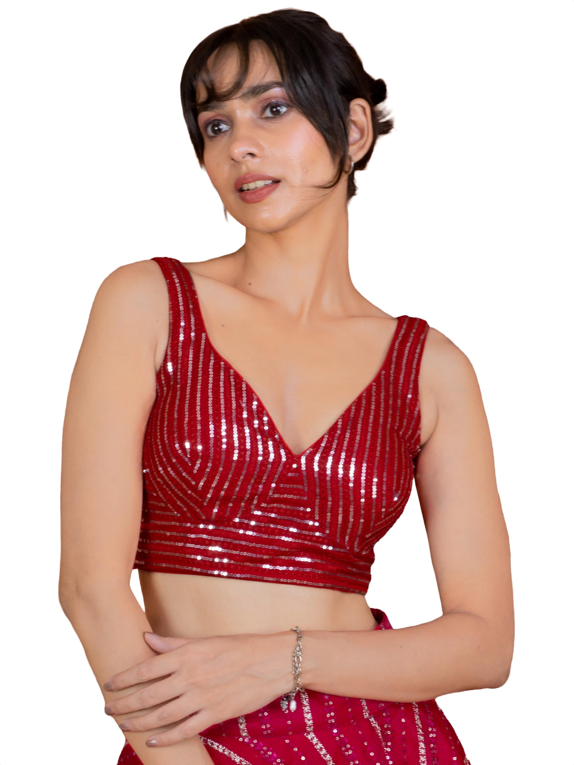 FIGURE'S DESIGNER Women's Sequin Embroidered SabyaSachi Cut Sweetheart V Neck Sleeveless Readymade Saree Blouse E30