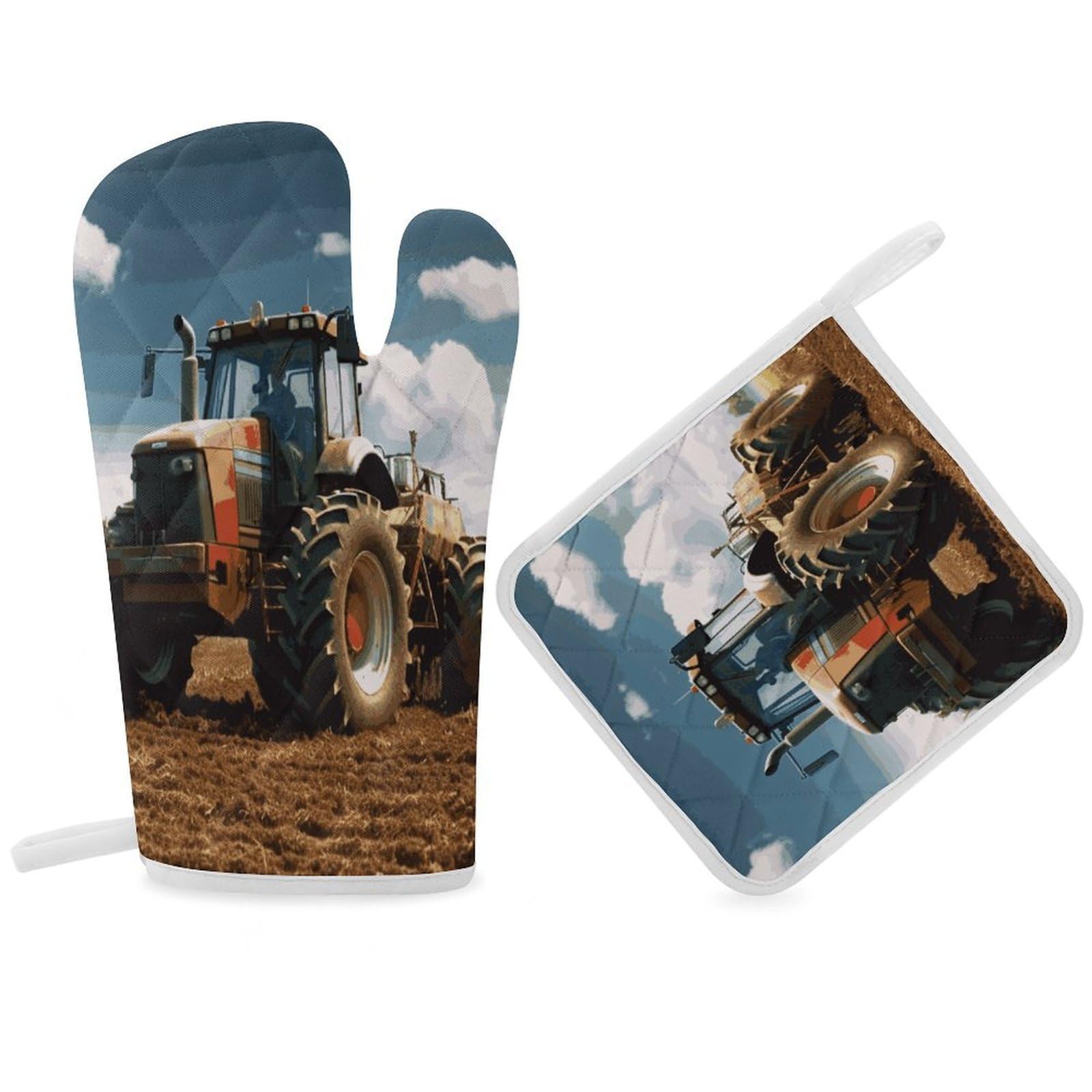 Fodpand Women's Style Fantasy Farm Tractor Oven Mitts And Pot Holders Sets,Oven Gloves For Kitchen Oven Mitts And Potholders For Baking Cooking Grilling Apartment Essentials