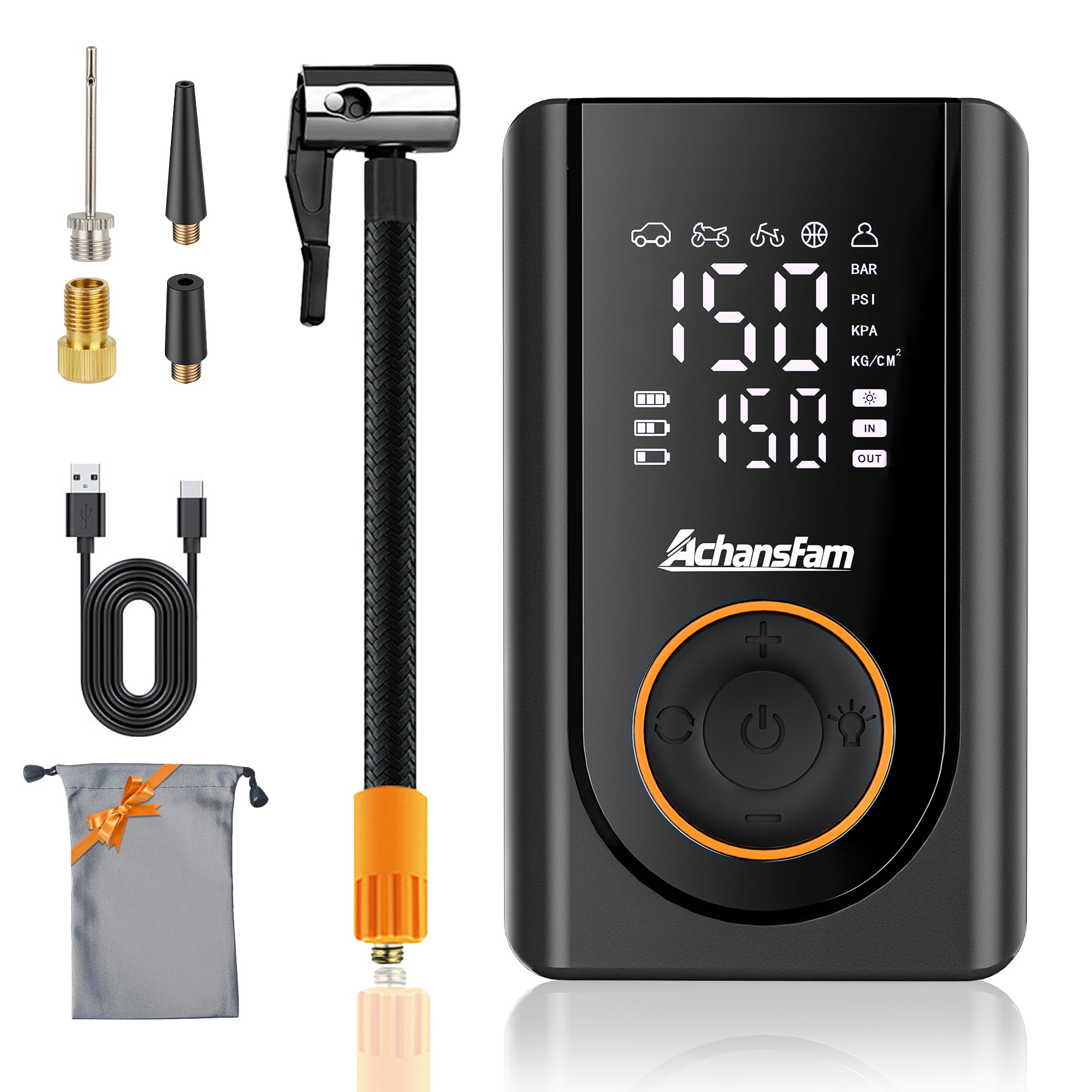 150PSI Reifenfüller, tragbarer Luftkompressor, schnurlose Fahrradpumpe, Luftpumpe für Auto, Motorrad, Fahrrad, Bälle mit Manometer, LED-Licht & Autozubehör