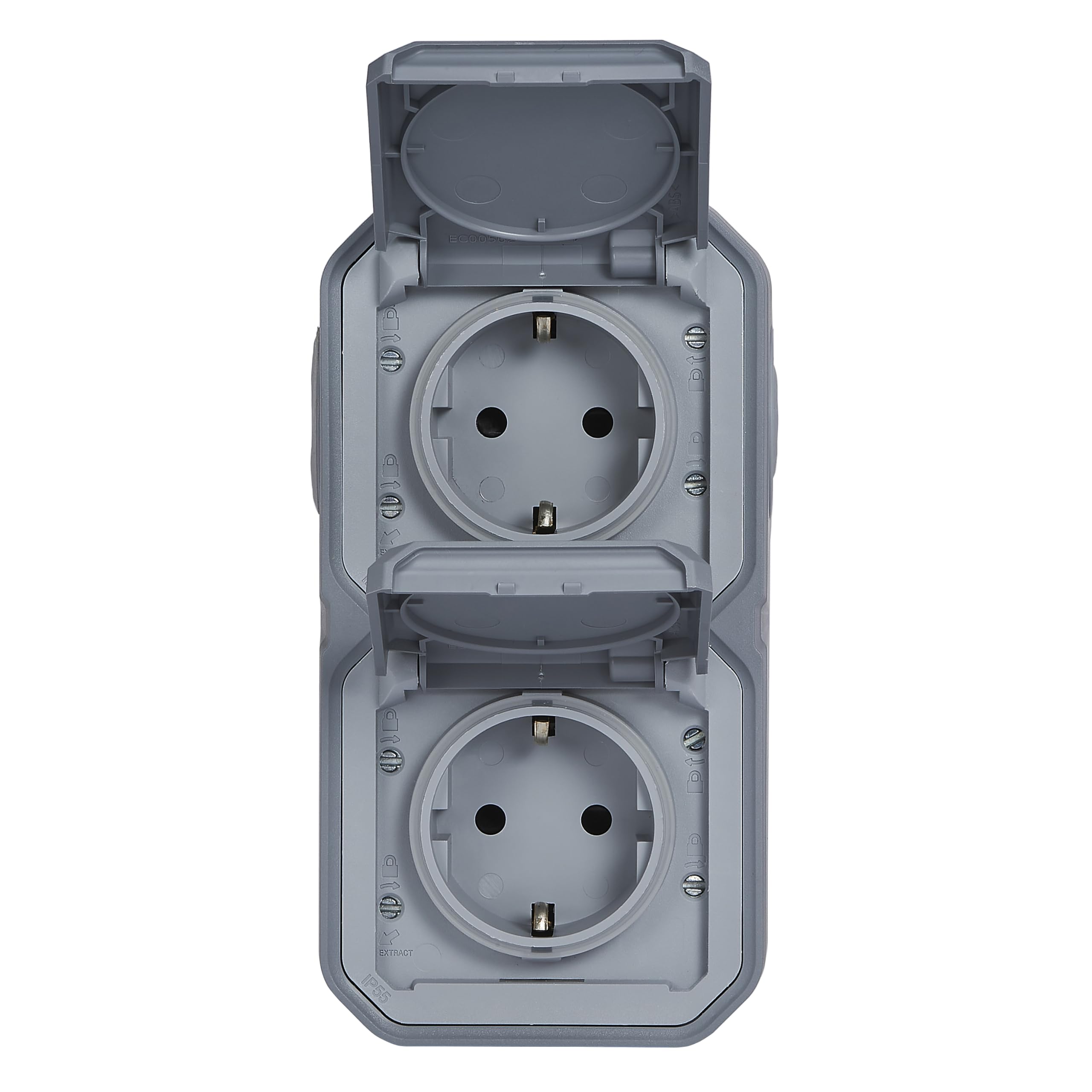 LEGRAND, Plexo New 069744L Double prise Schuko standard pour pièces humides, avec couvercle à charnière, protection contre les contacts, bornes enfich