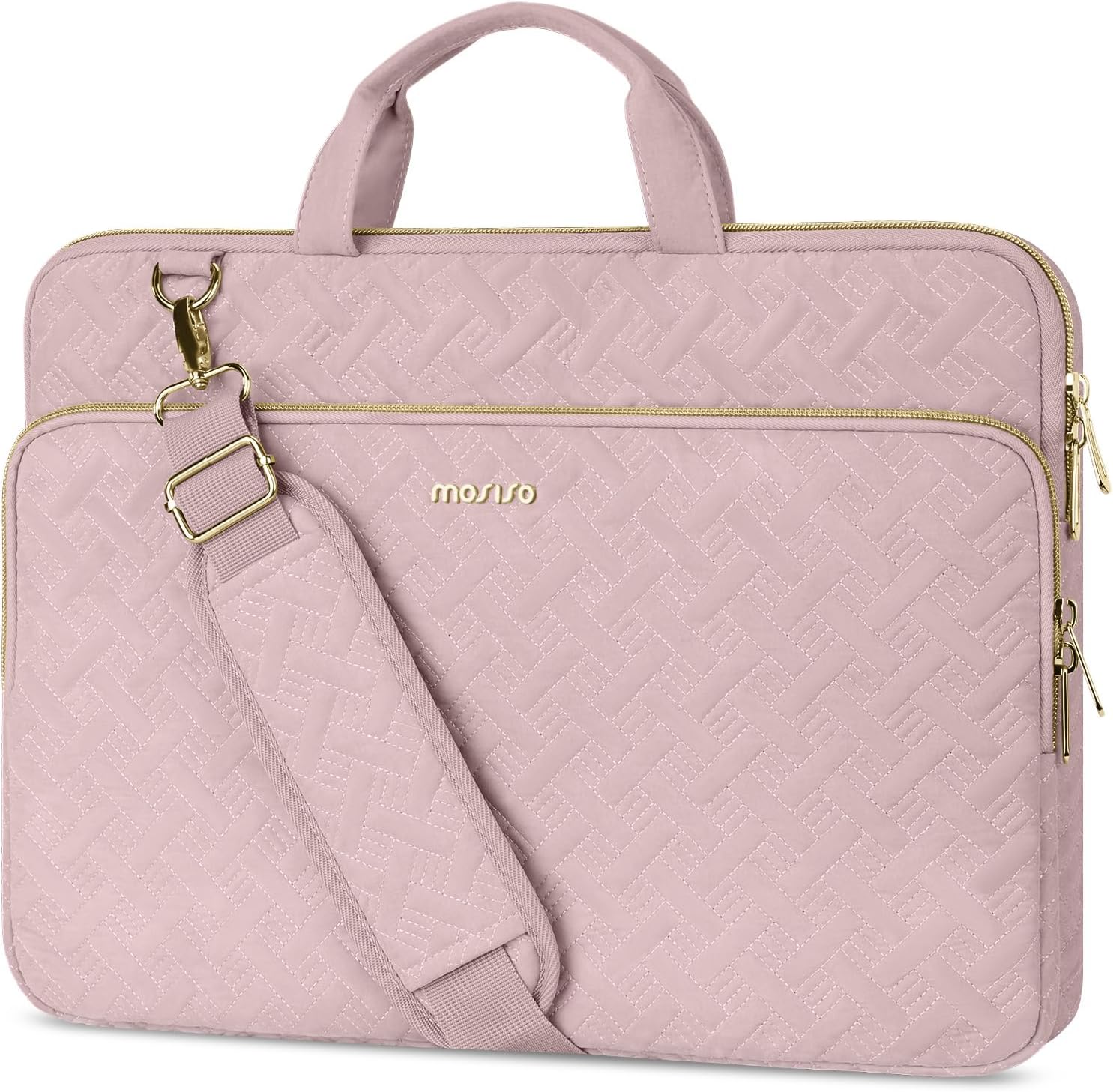 MOSISO 15.6 inch Laptop Bag for Women, 15-16 inch Computer Bags Compatible with MacBook Pro 16 inch/Air 15 inch, HP Dell Acer Lenovo ASUS Notebook, Weave Rhombus Messenger Bag with Handle&Pocket, Pink