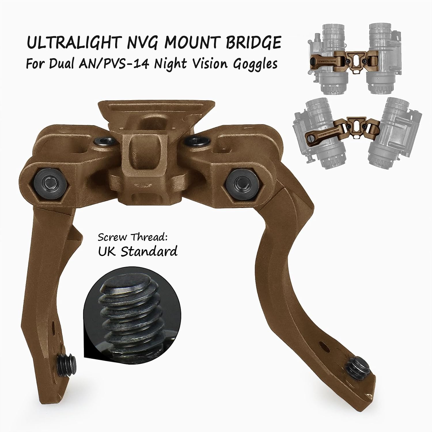 New Metal L4G24 Night-Vision arms Mount+POM Reinforced Upgraded Version NVG Bridge for pvs14 Support 2 Optical or 1 Digital Night Vision (UK Standard) (tan tan)