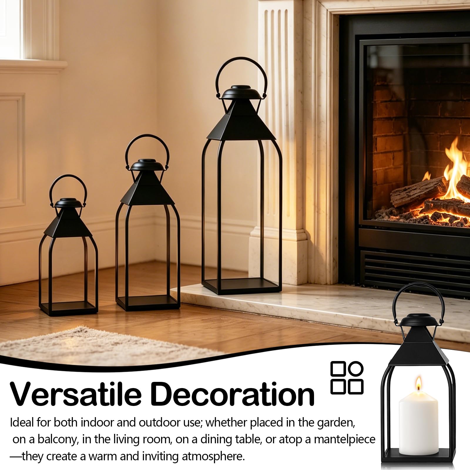 Lanterne Bougie Décorative Noire, 3 Pièces Lanternes Jardin pour Bougies Bougeoirs en Métal (sans Bougies), Lanternes Suspendues pour Intérieur Extérieur Fête de Mariage Maison Salon Cheminée