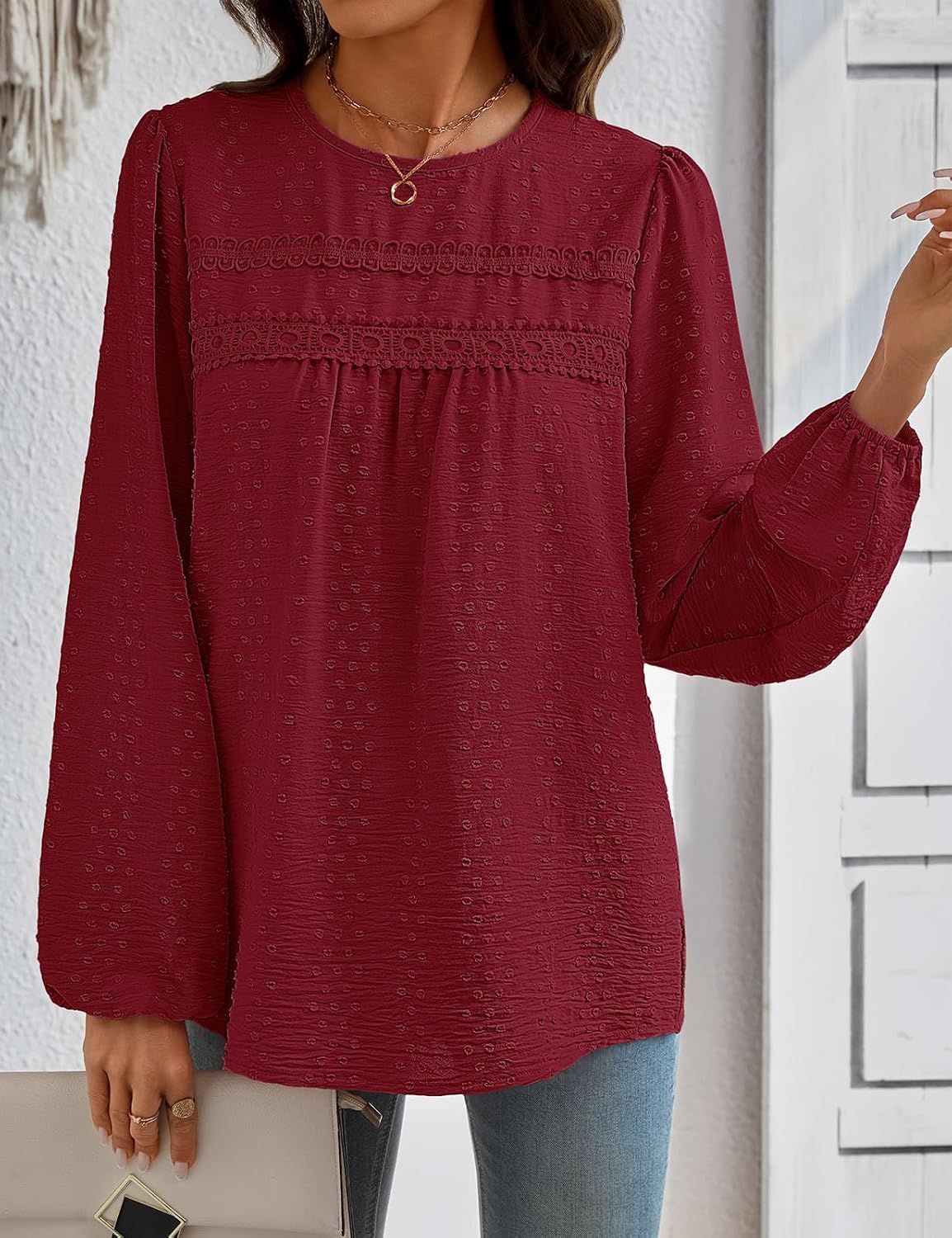 Yusongirl Women’s Swiss Dot Long Sleeve Blouse Boho Crewneck Flowy Top | Lace Trim, Balloon Sleeve, Lightweight, with Elastic Cuff, Loose, for Daily Wear