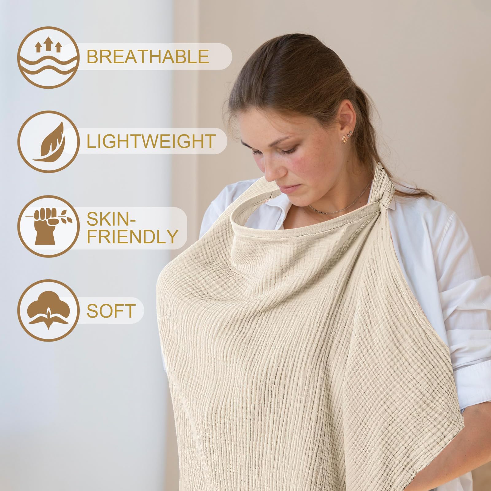 VEGCOO Couverture Allaitement Bébé, Couvertures d'allaitement, Tablier Allaitement Bebe et Serviette de Salive, Cache Allaitement Écharpe pour Mamans, Coton Douce Respirante Ajustable (couleur avoine)