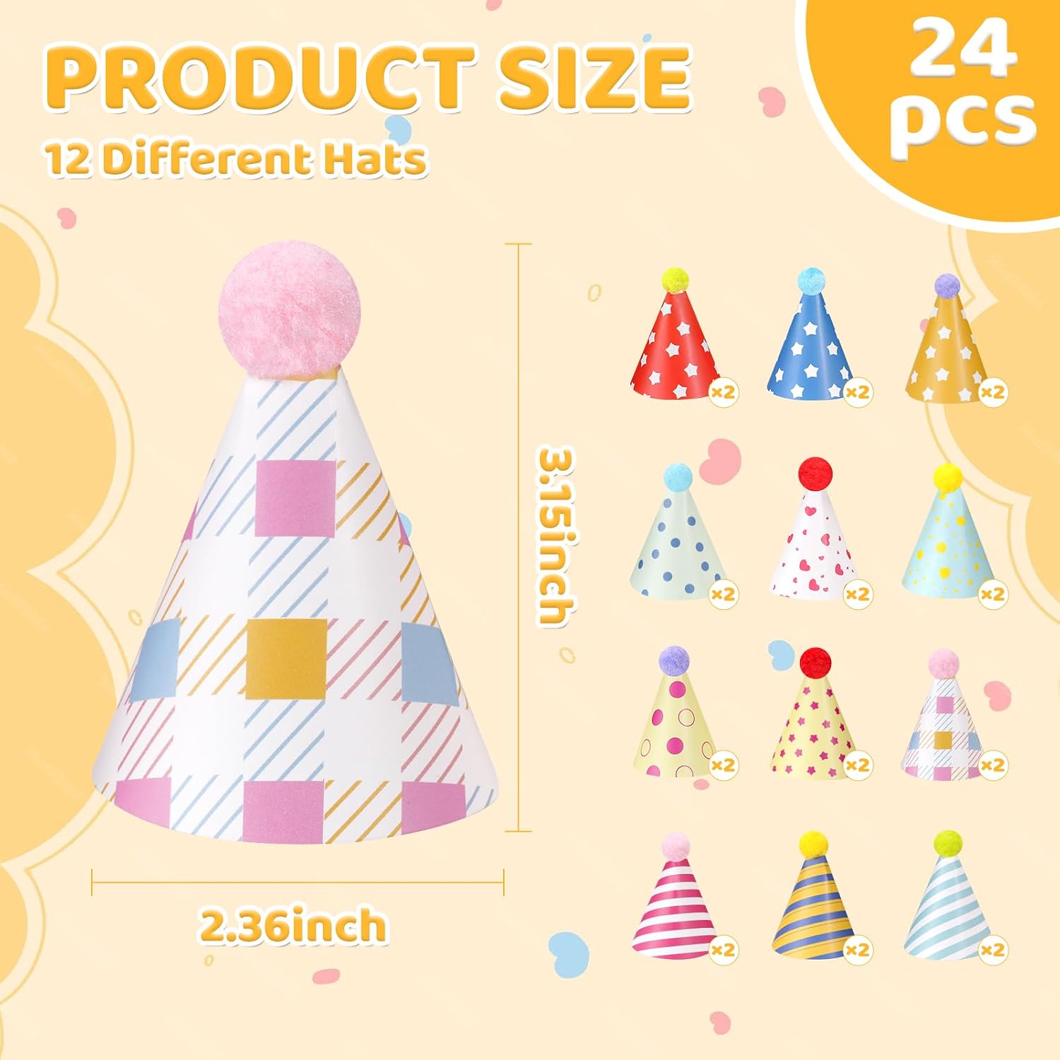 24PCS 12 Styles Mini Party Hats, Colorful Paper Cone Pet Birthday Hats image 2