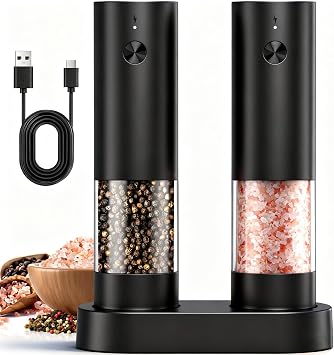 Electric Salt and Pepper Grinder Set - Rechargeable Automatic Salt and Pepper Shakers, Upgraded Larger Capacity with Storage Base, Home and Kitchen Appliances Birthday Gifts for Women Mom Black
