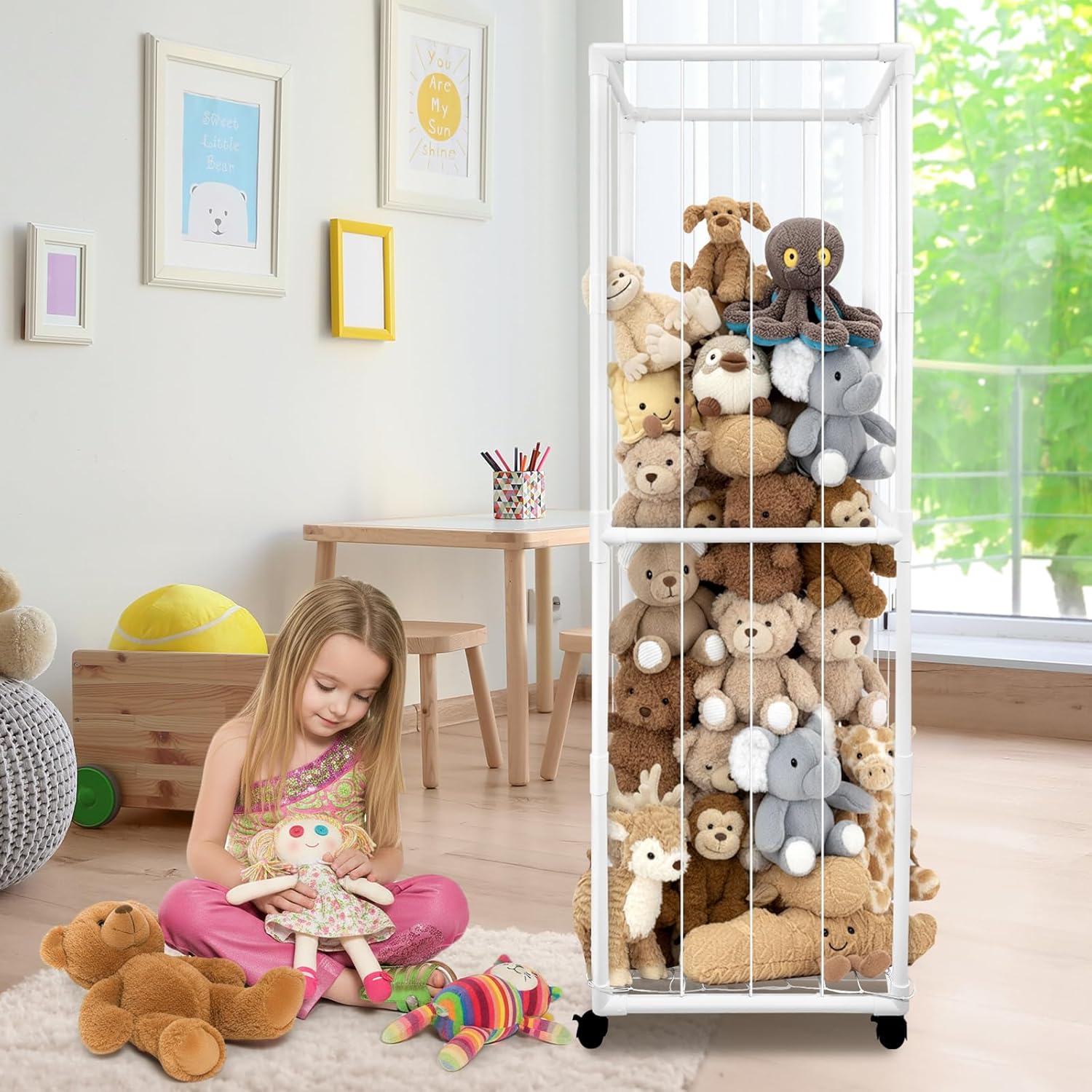 Stuffed Animal Storage Zoo with Wheels, 65" Tall Large Stuff Animals Plushies Holder Toy Organizer Kids Plush Storage Cage PVC with Elastic Band and Net for Nursery Playroom Corner for Toddler - Image 8