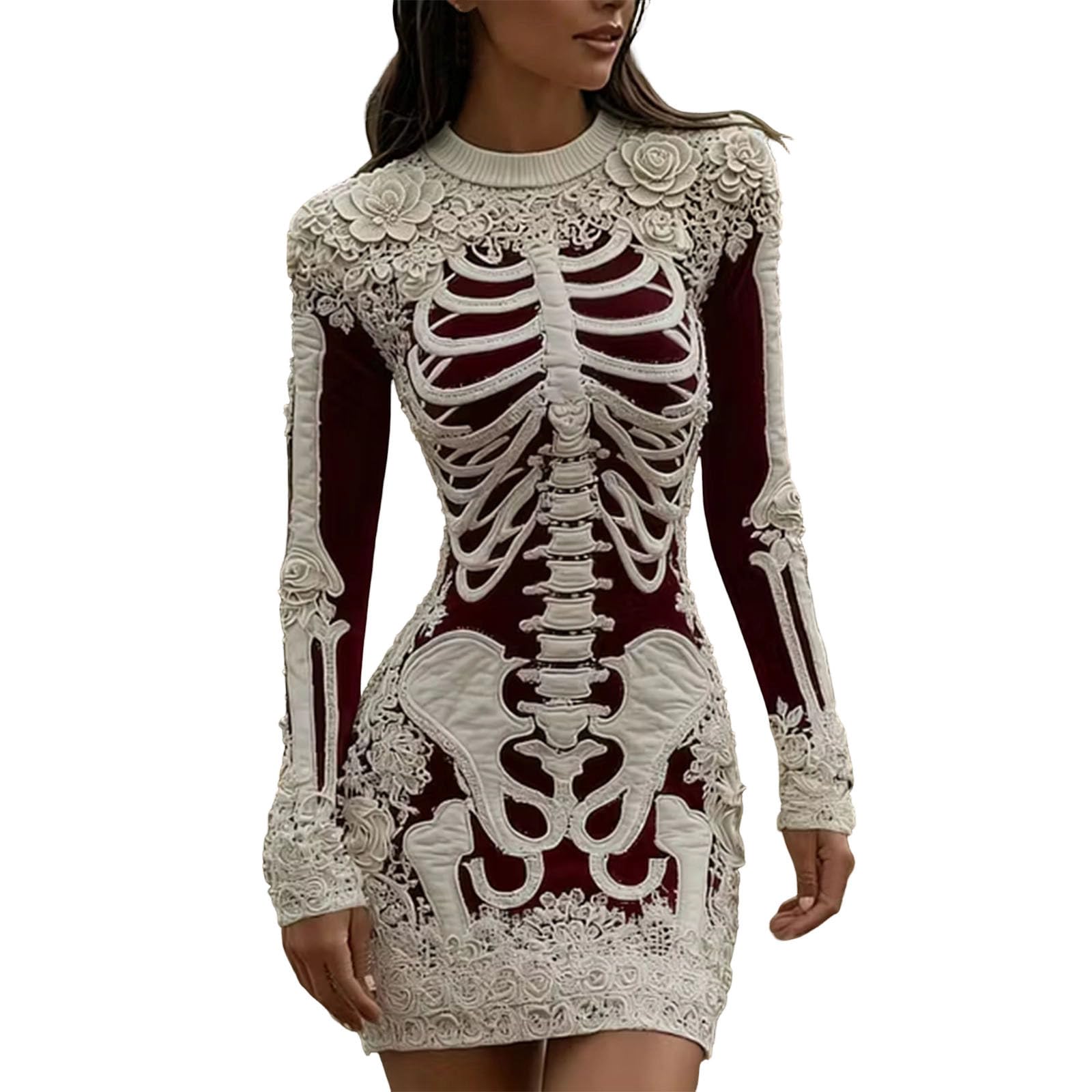 Women Halloween Costume Vintage Long Sleeve Crew Neck Gothic Mini Dress — image 1
