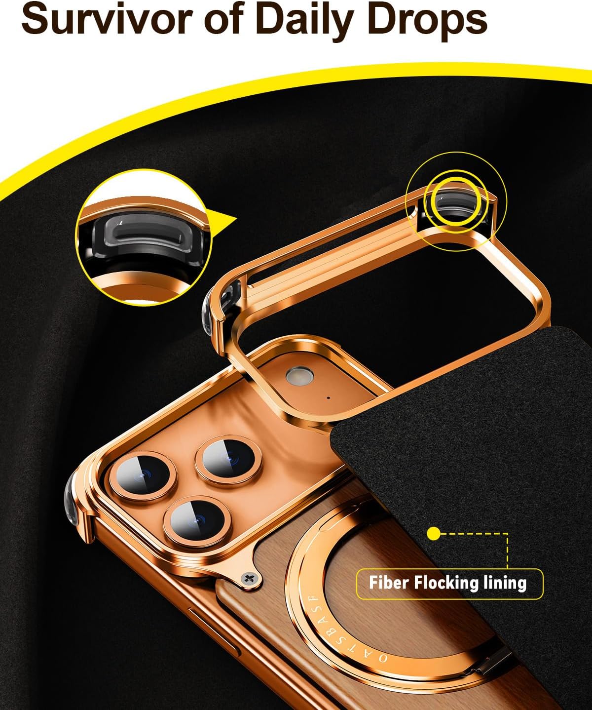 OATSBASF Frameless for iPhone 17 Pro Max Case, Sleek Minimalist Protective Shock Absorption Aerospace Grade Shells with 360° Rotating Kickstand, Wood Grain-Orange