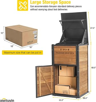 Aivituvin Package Delivery Box for Outside with Combination Lock | solid wood-iron frame, weatherproof, 10x18x18 parcel fit, one-way slot, lockable porch storage