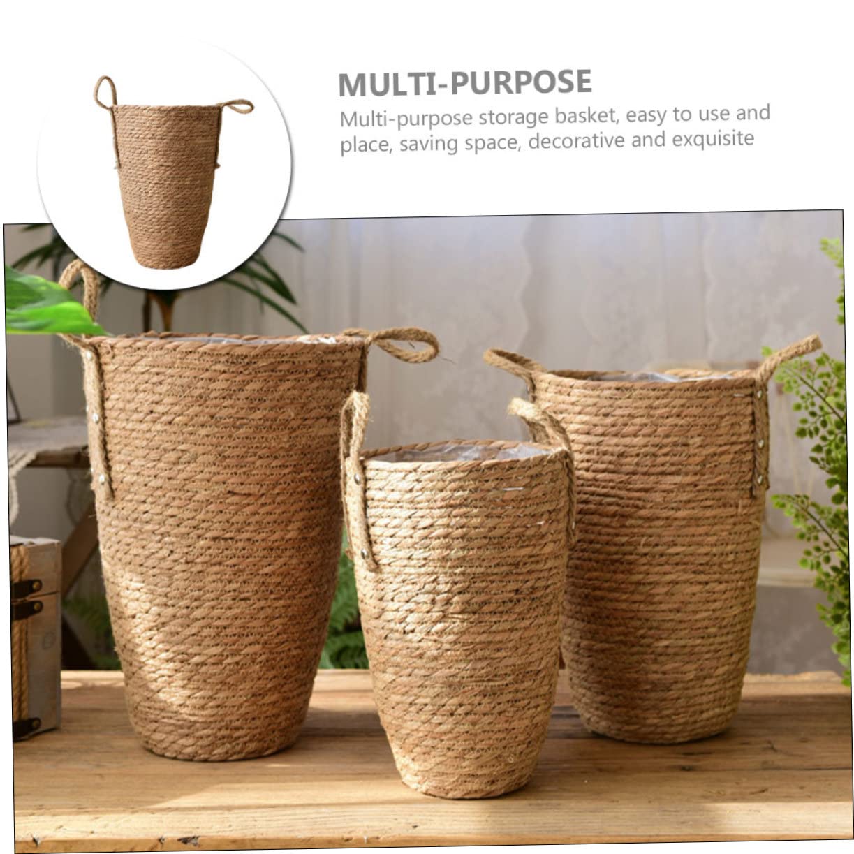 Cesta Tejida a Mano Grande de Paja para Flores y Plantas | Uso Interior Hogar, Estilo Rústico y Elegante, Pieza Decorativa Práctica para Espacios Amplios
