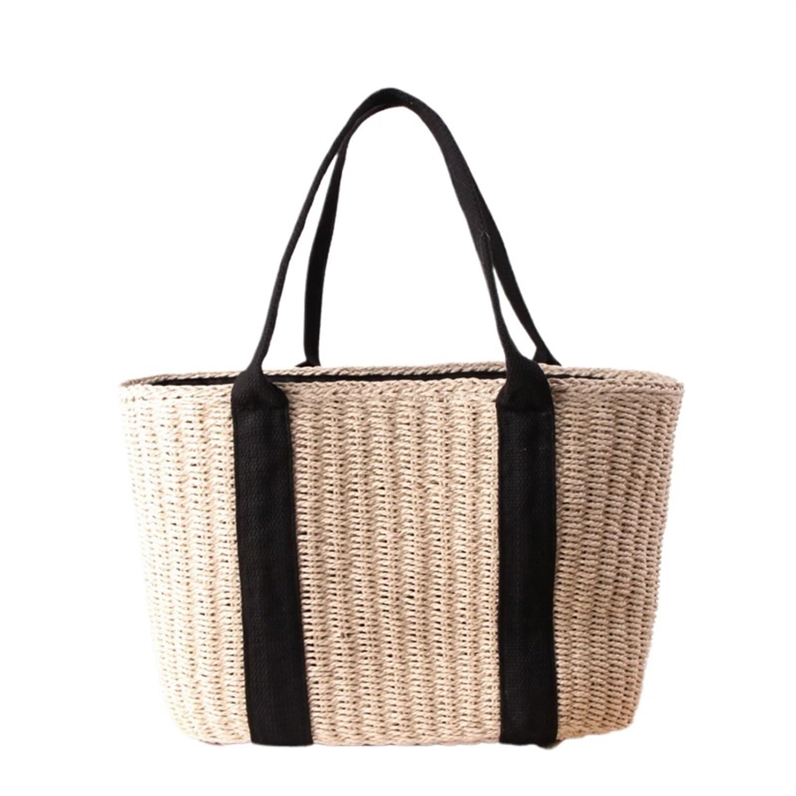 Strohtasche Stroh Frauen Einkaufstasche Rattan gewebt Handtaschen handgemachte Reise Shopper Schultertasche lässig Strandtasche(Beige)