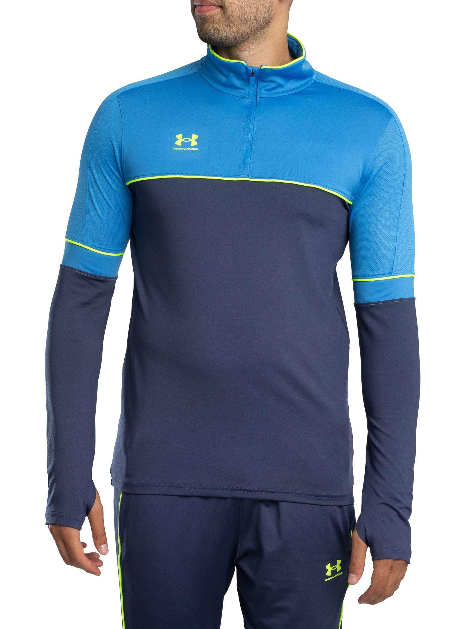Under Armour Men's Challenger Training Quarter Zip, Tough, Lightweight and Breathable Tracksuit Top for Sports and Athletics, Men's Quarter-Zip Top with Thumbholes,Washed Navy / / High Vis Yellow,MD