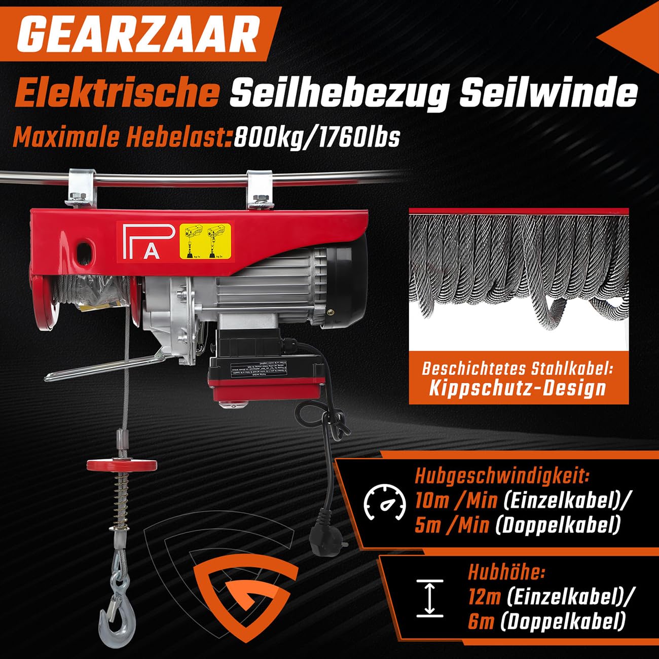 PA800 Elektrische Seilhebezug,elektrische Seilwinde, 400kg bis 800kg Elektrische Motorwinde, mit kabelloser Fernbedienung(100m),12m Hebezug Seilzug, Hohe Sicherheit mit Not-Aus-Schalter