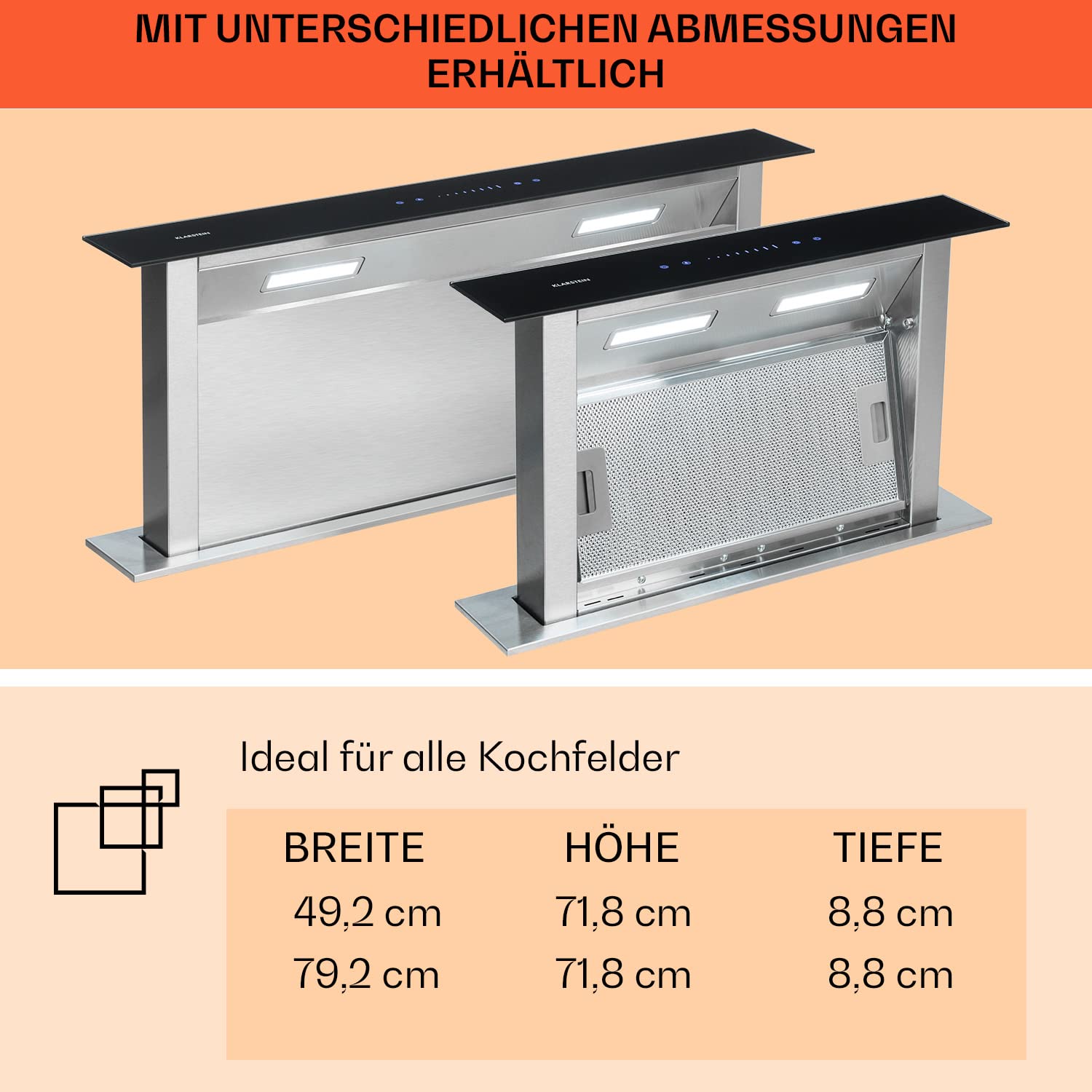 Klarstein Downdraft-Dunstabzugshaube, Versenkbare Abzugshaube, Leise Dunstabzugshauben mit Filter, Dunstabzugshaube 60cm, Umluft/Abluft Dunsthaube mit 10 Modi, Dunstabzug 507 m³/h Luftstrom