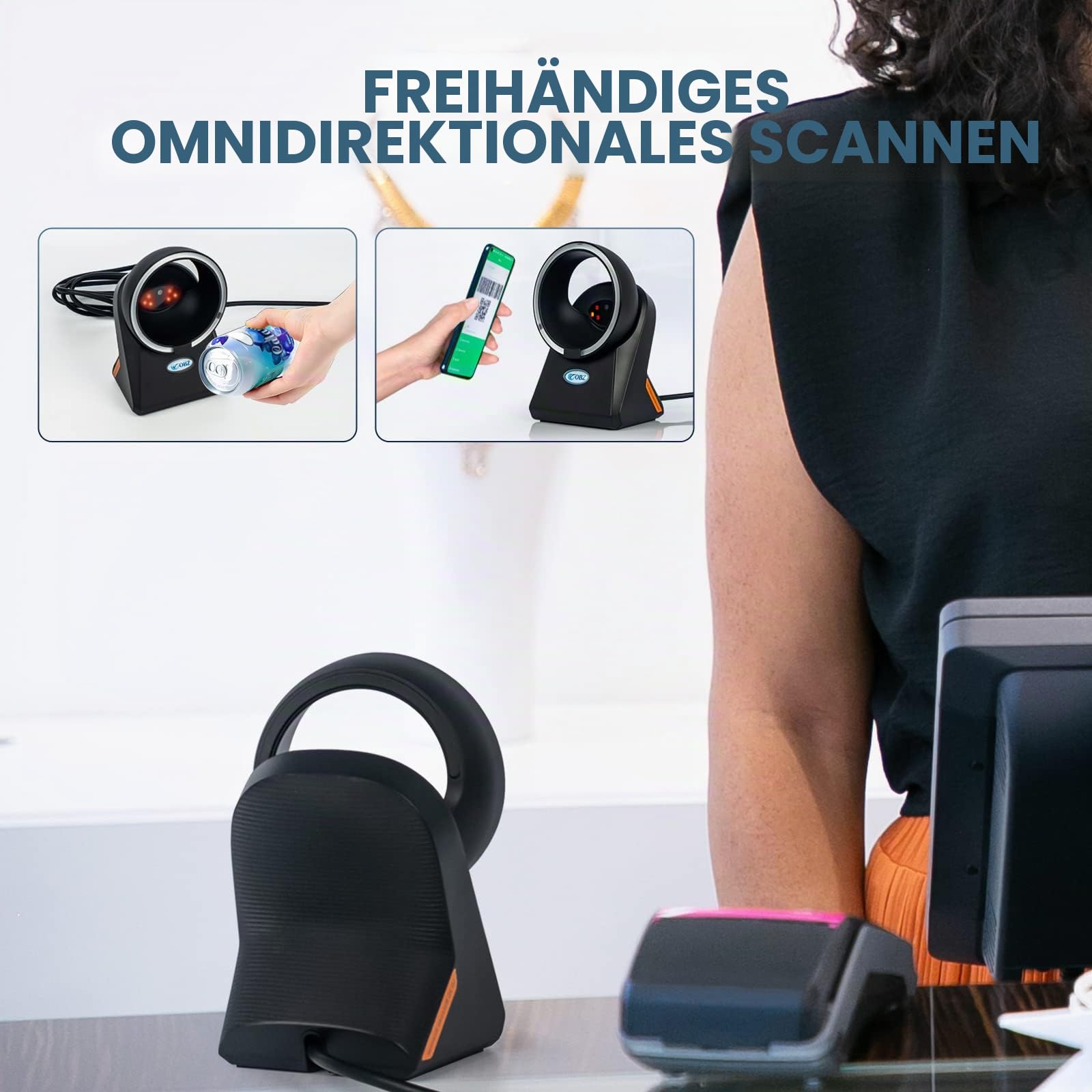 OBZ 1D QR 2D Desktop Barcode Scanner, QR Code Scanner USB Handsfree Barcode-Scanner Automatischer Bildsensierung Barcodescanner für POS PC Supermarkt Bibliothek Laden