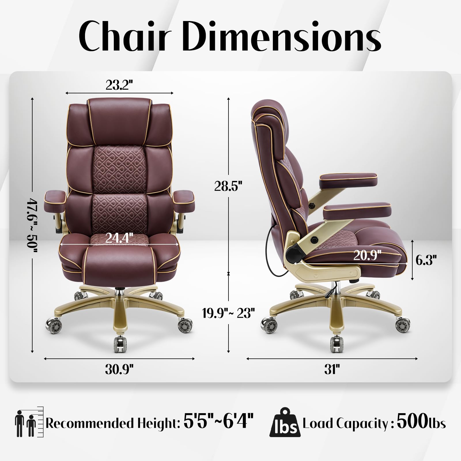Heavy Duty Executive Leather Chair Big and Tall Office Chair 500lbs with 5D Flip-up Armrests Comfortable Seat Adjustable — view 2