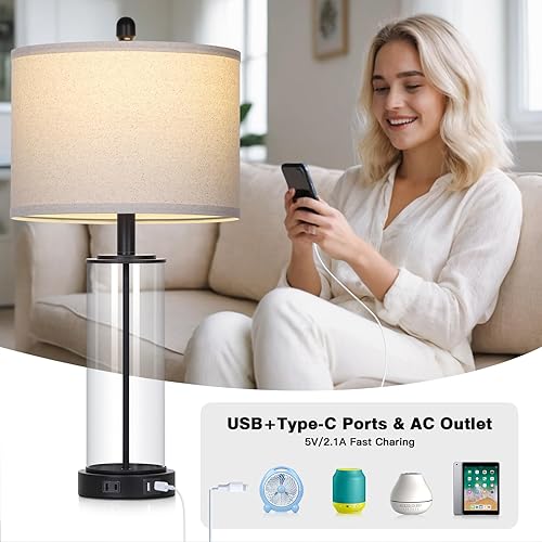 Miniatura 4 de Juego de 2 lámparas de mesa de cristal negro de 26 pulgadas, con control táctil regulable de 3 vías, con puertos USB C+A y salida de CA, modernas