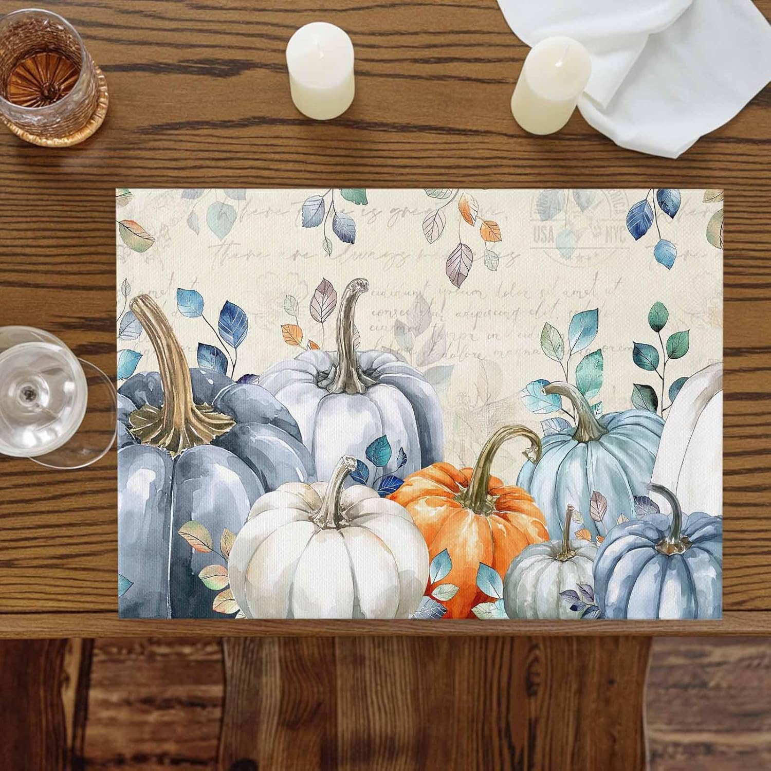 Fall Placemats Set of 6, Blue Pumpkin Placemat for Dining Table Decorations, Cotton Linen Autumn Place Mats, Teal Leaves Table Mats for Kitchen Dinner Harvest Thanksgiving Holiday Party Decor