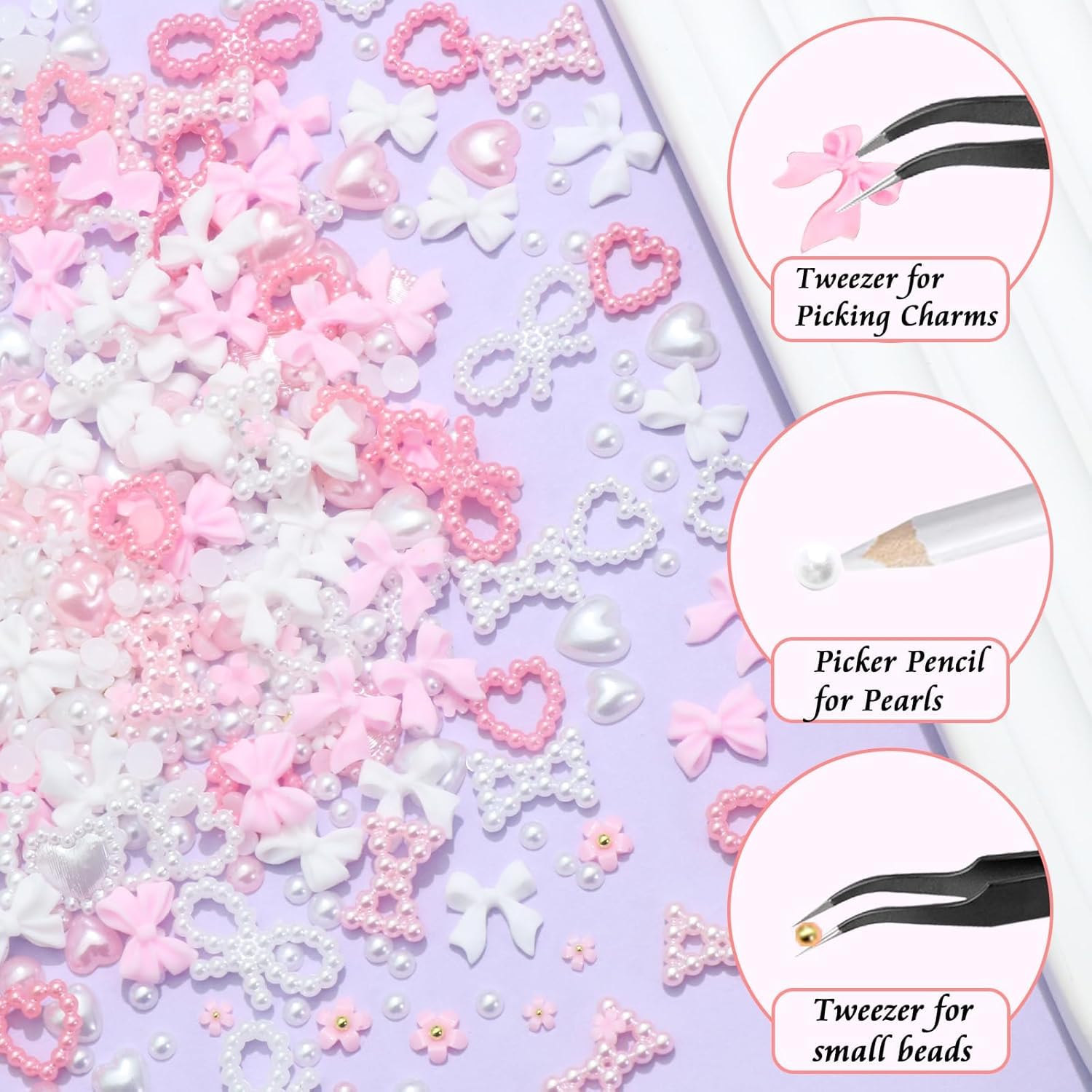 ATIMORY 1000PCS Bow Nail Charms White Pink Nail Bows Cute White Heart Star Coquette Nail Decoration Flatback Pearl Beads Tiny Flower Charms Nail Accessories with Tweezer Pickup Pencil - Image 4