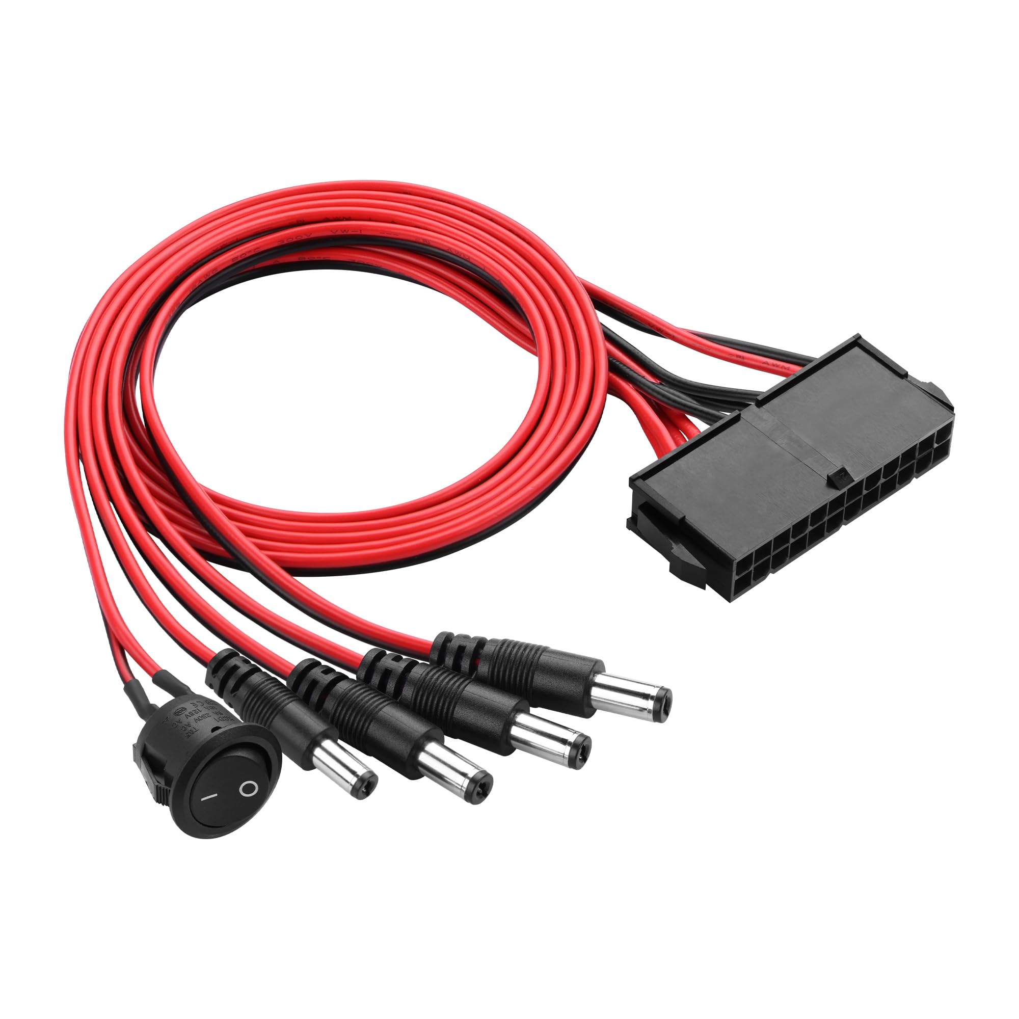 ELFJMZP PC PSU ATX 24-pin to DC 5521 Male Adapter Cable, 4-Port 12V DC Power Distributor with Switch, Suitable for DC Fans, LED Strips and Electronics Projects (1.6 ft / 0.5 m)