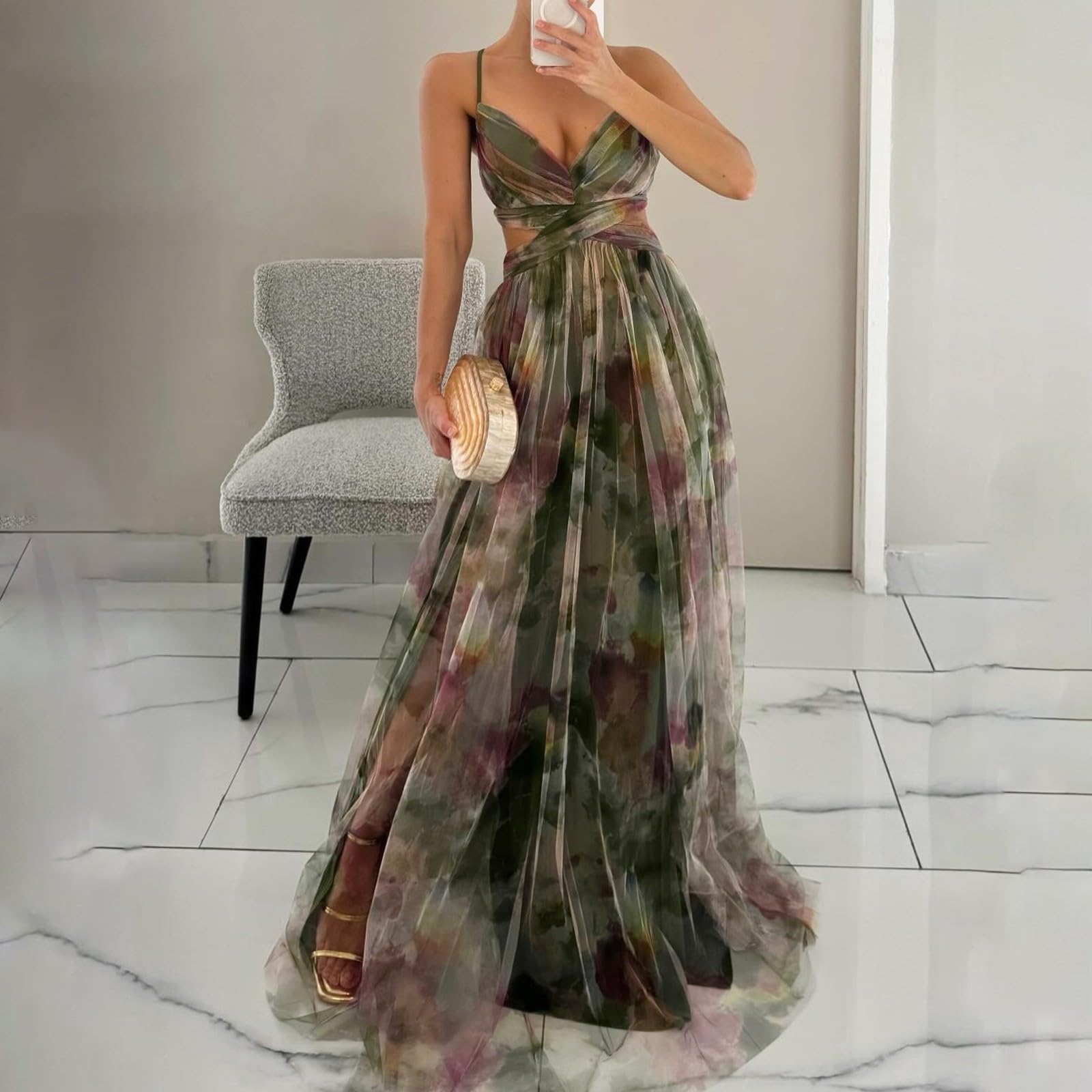 Ballkleider Damen Lang Tüll Kleid Hochzeitsgast Abendkleider Elegant Für Hochzeit Festliche Kleider V Ausschnitt Abschlusskleid A Linie Cocktailkleid Maxi Trägerkleid Rückenfrei Sommerkleid