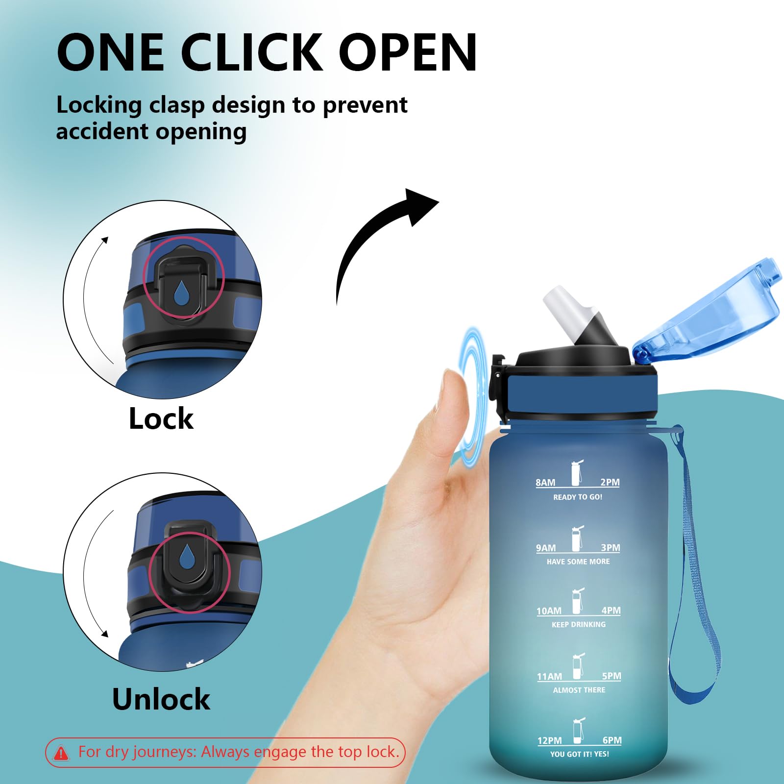 Gourde 500ml avec Paille, Anti Fuite Gourde, Bouteille d'eau avec Marqueur de Temps, Facile à Nettoyer, Verrou de Sécurité, Gourdes Motivation pour Fitness, Randonnee, Velo - 5