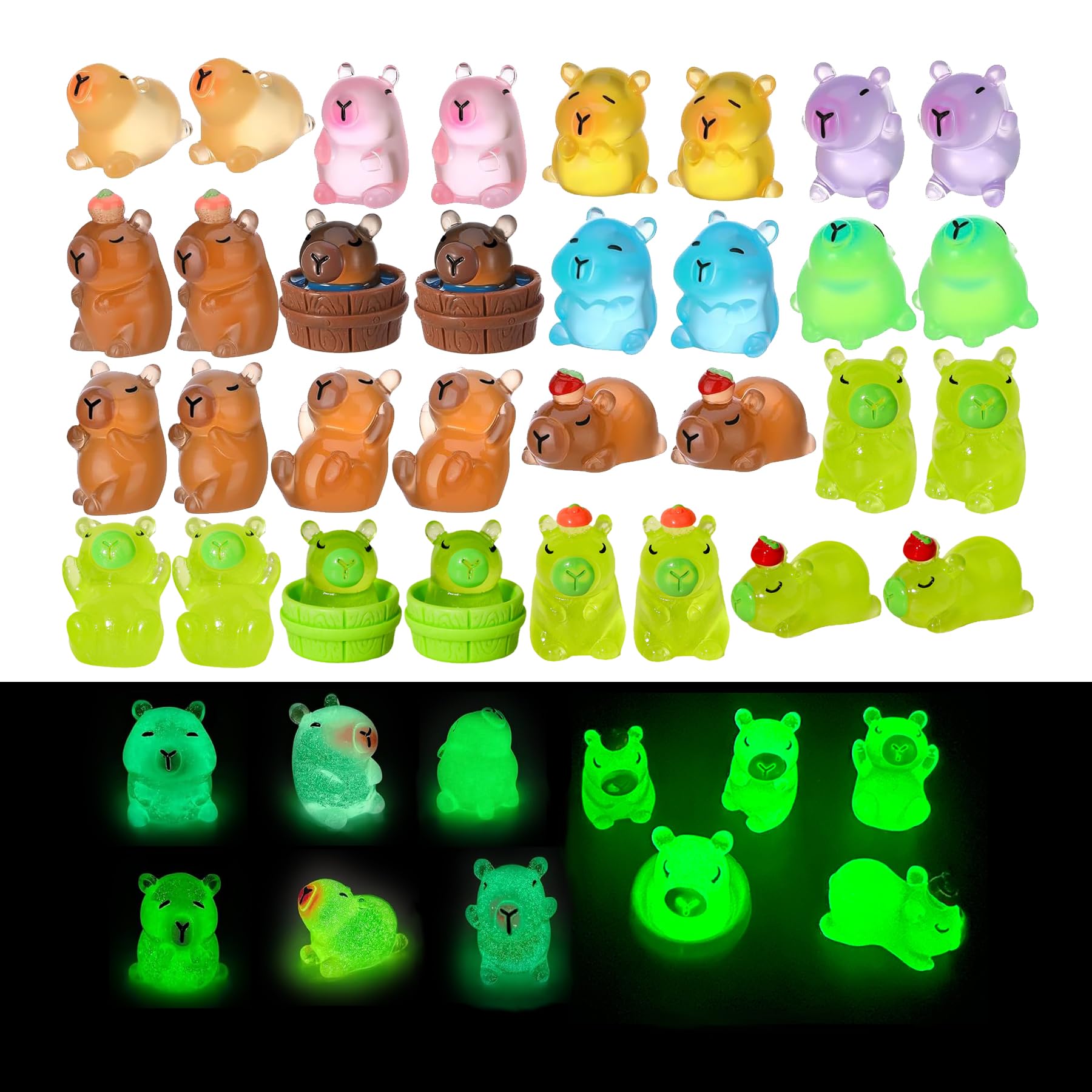 32 Pcs Mini Capybara Resin Figurines Glow in The Dark Tiny Animal Statues for Fairy Garden Aquarium Terrarium Desk Car Dashboard Office Home Shelf Decor Micro Landscape DIY Supplies Cute