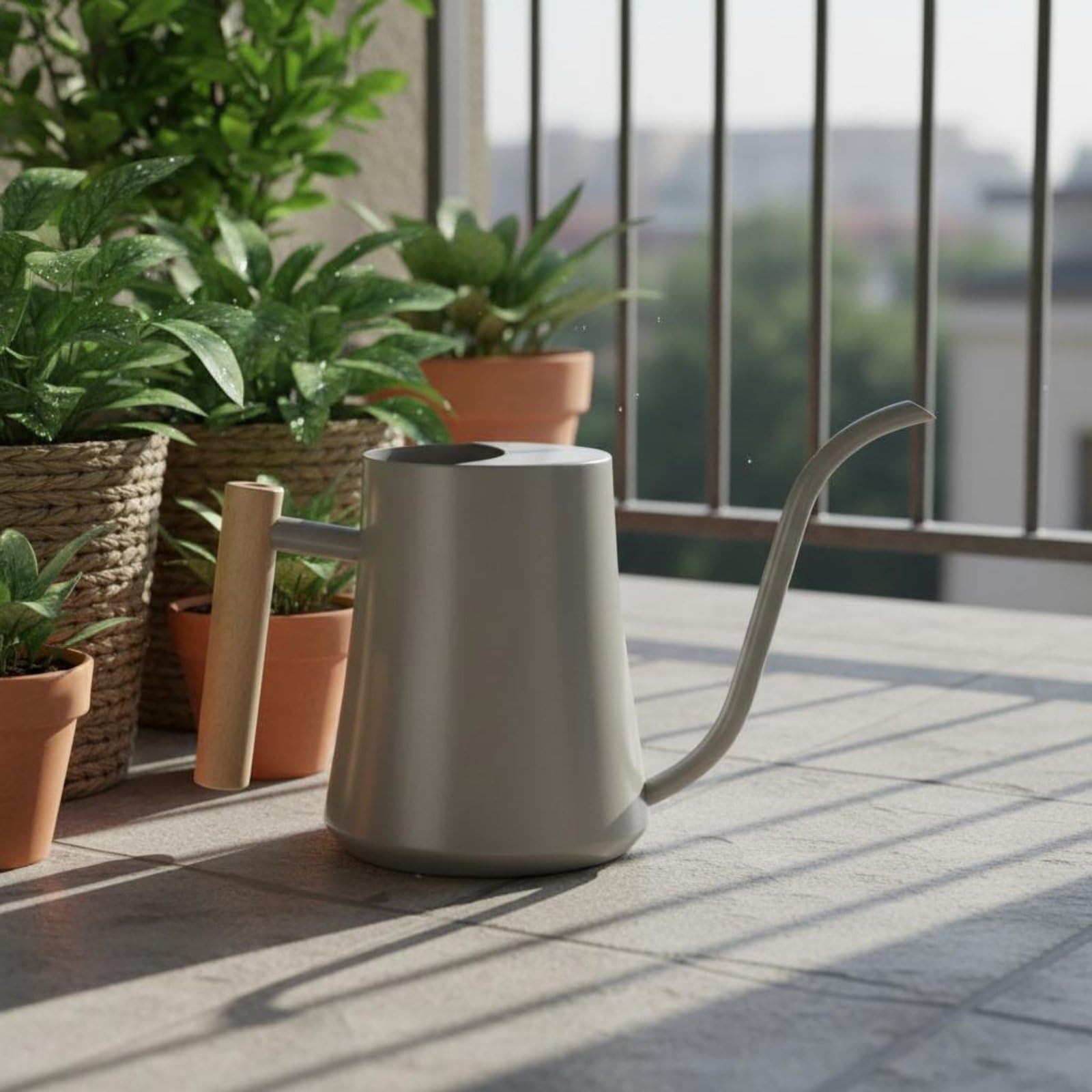 Annaffiatoio Acciaio Inox con Beccuccio Lungo Brocca Irrigazione Contenitore Acqua Innaffiatoio Piante Design con Coperchio Semichiuso Antiperdita Impugnatura Stabile Adatto per Balcone