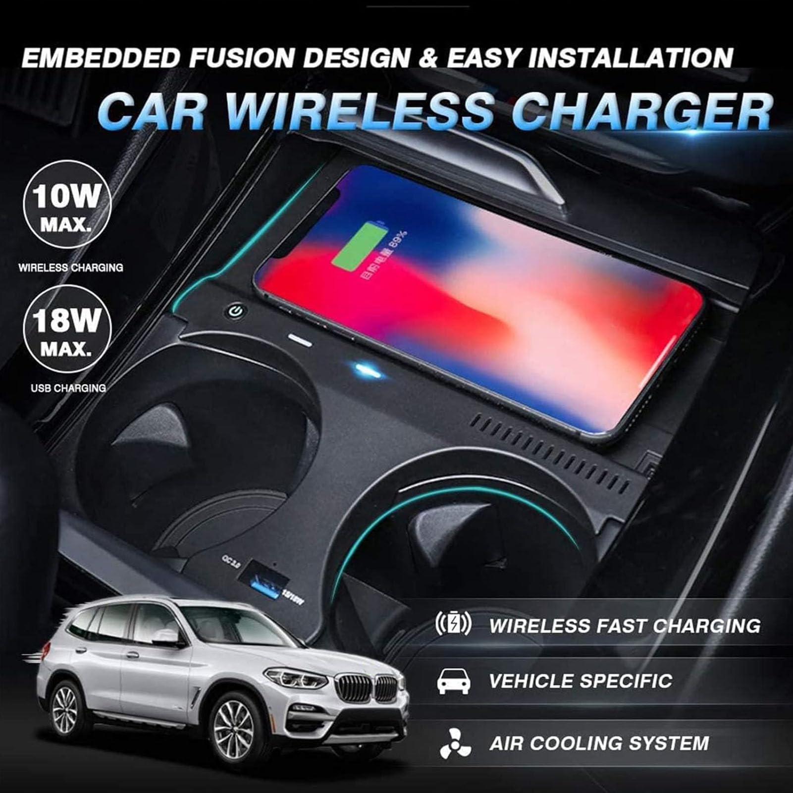 Bezprzewodowa ładowarka Samochodowa do BMW X3 X3M G01 2018-2022/X4 X4M G02 2019-2022 Panel Akcesoriów Konsoli środkowej, Szybka ładowarka 15W do Dowolnego Telefonu Z Obsługą Qi