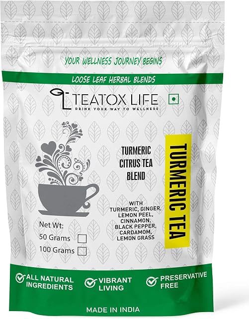 Turmeric Ginger Tea with Black Pepper (100g), Lemon Peel and Cinnamon | Herbal Spiced Chai Tea Masala Loose Blend for Inflammation and Immunity| Made in India
