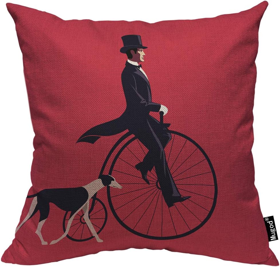 Mugod Funda de almohada de hombre y perro, diseño de hombre guapo que monta una bicicleta retro, esmoquin de perro galgo, fundas de almohada