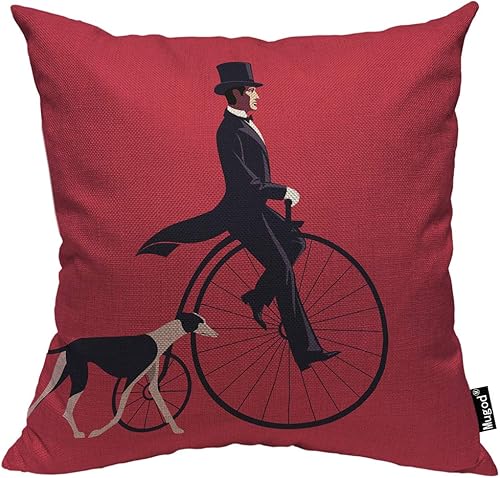 Mugod Funda de almohada de hombre y perro, diseño de hombre guapo que monta una bicicleta retro, esmoquin de perro galgo, fundas de almohada