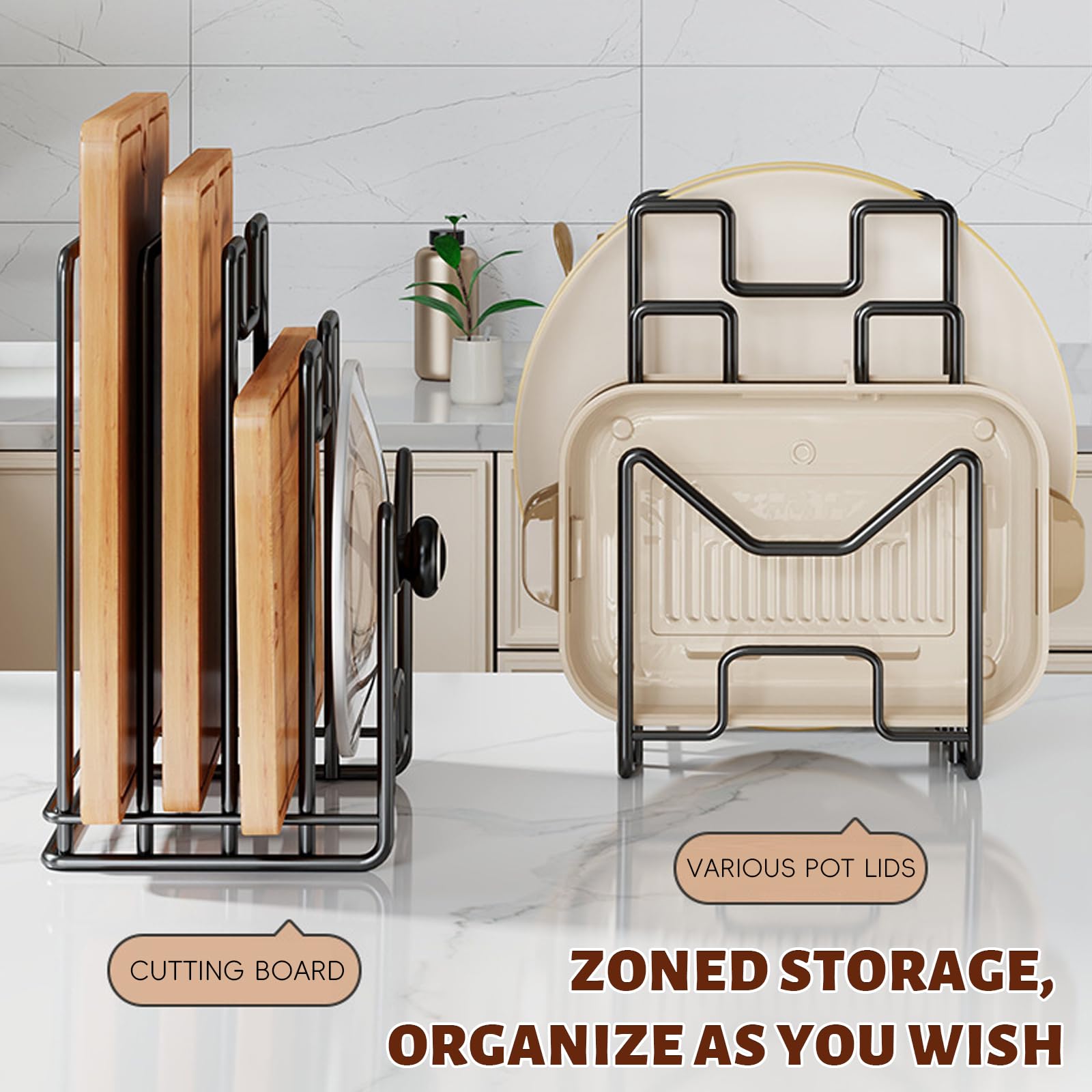 Soporte Bandejas Cocina Soporte Tabla Cocina De Metal, Organizador De Tabla De Cortar con 4 Compartimentos para tapas De Ollas, Espátulas, Platos, Bandejas para Hornear